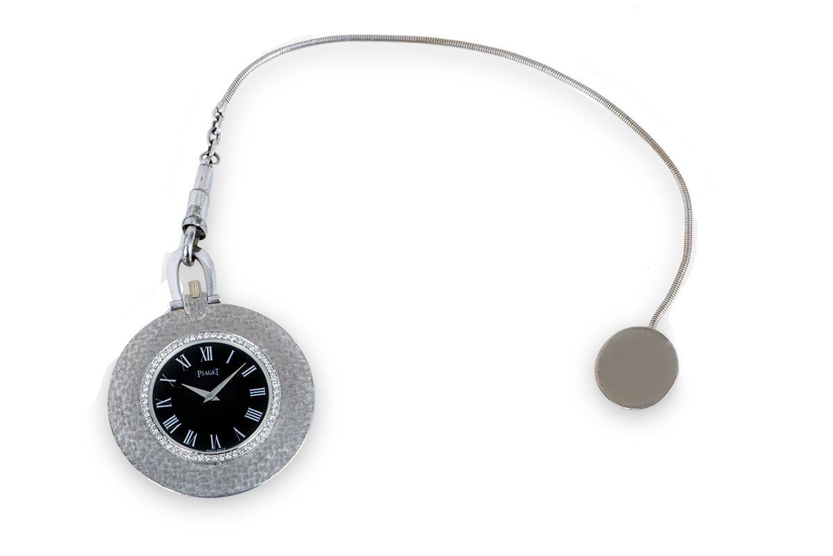Round Cut Piaget Open Face Dress Pocket Watch Textured 18 Karat White Gold Black Dial