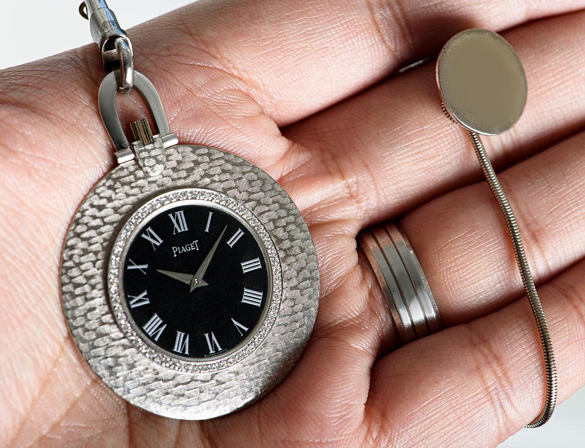Piaget Open Face Dress Pocket Watch Textured 18 Karat White Gold Black Dial In Excellent Condition In London, GB
