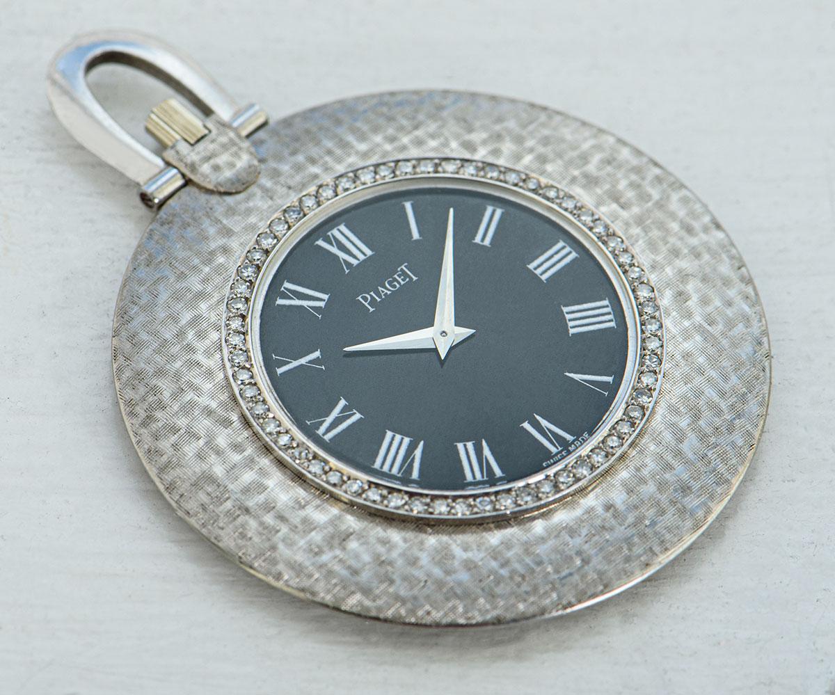 Men's Piaget Open Face Dress Pocket Watch Textured 18 Karat White Gold Black Dial