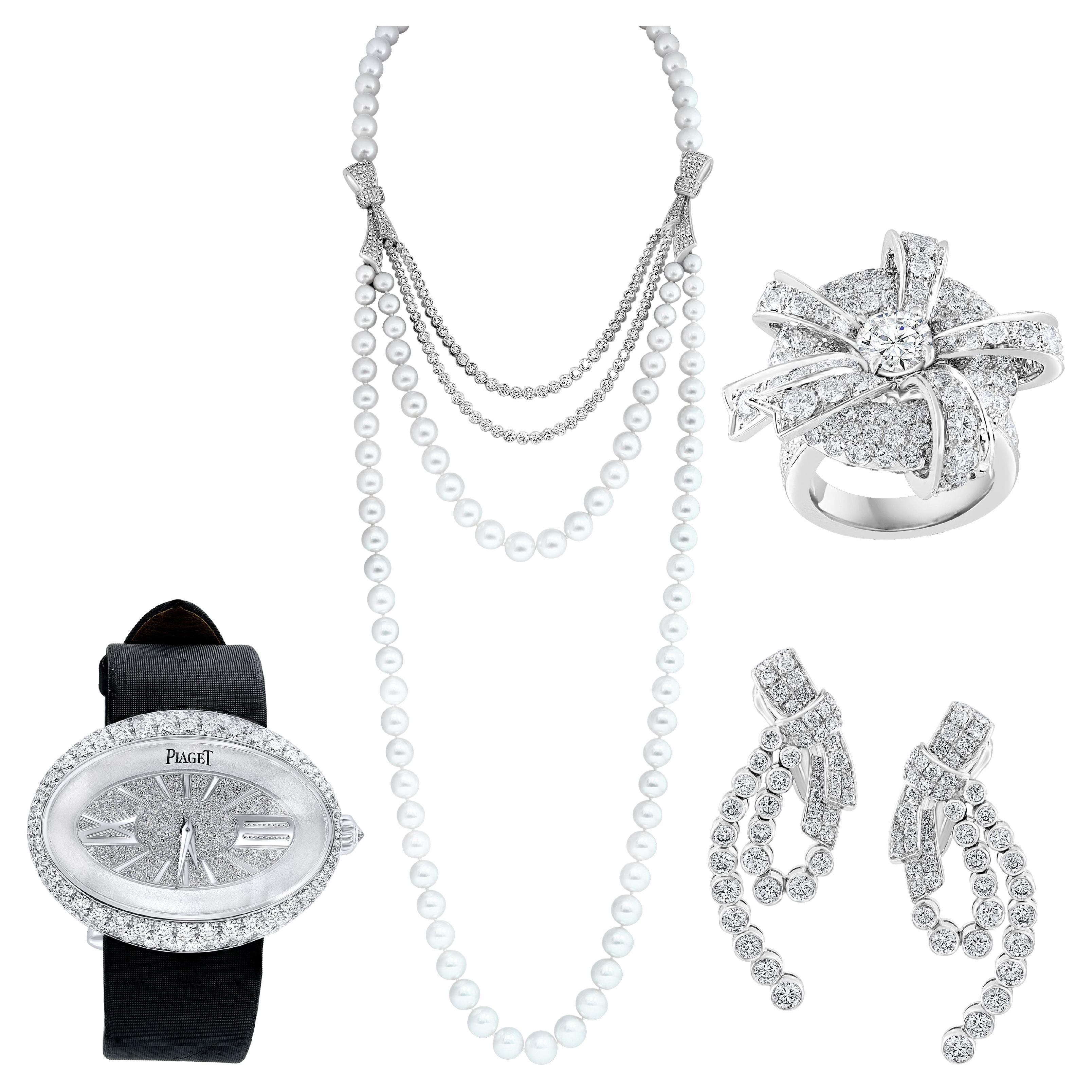 Piaget Paris Diamond & South Sea Pearl Suite Necklace, Earring Watch & Ring 18K For Sale