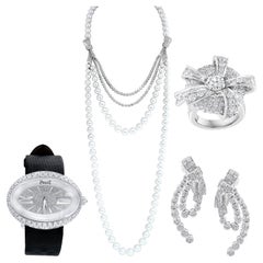 Vintage Piaget Paris Diamond & South Sea Pearl Suite Necklace, Earring Watch & Ring 18K