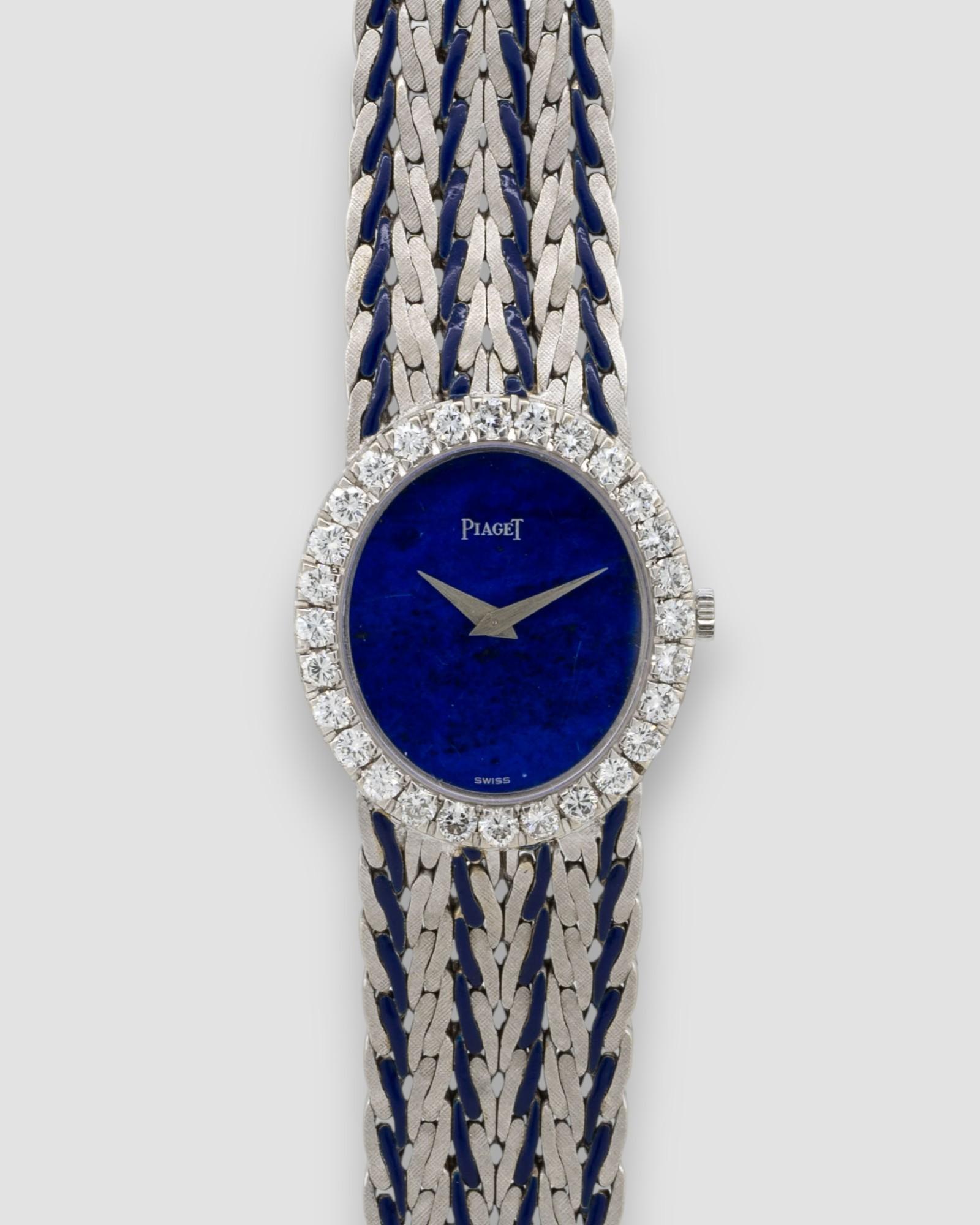 Piaget Peacock 9814 E43 Lapis Zifferblatt Blau Emaille 18k WG 1970er im Angebot 9