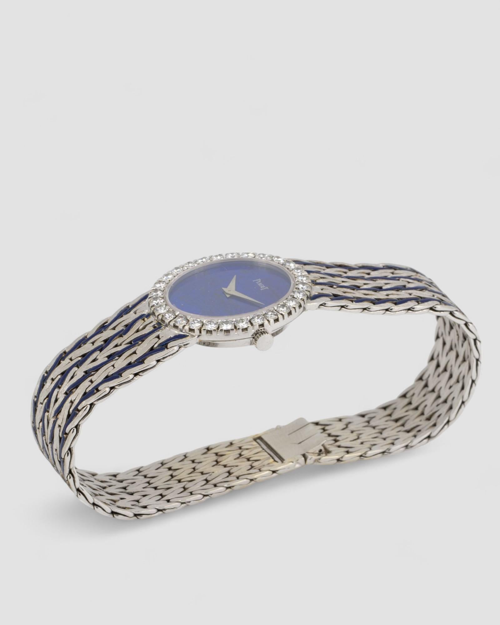 Piaget Peacock 9814 E43 Lapis Zifferblatt Blau Emaille 18k WG 1970er im Zustand „Gut“ im Angebot in SYDNEY, AU