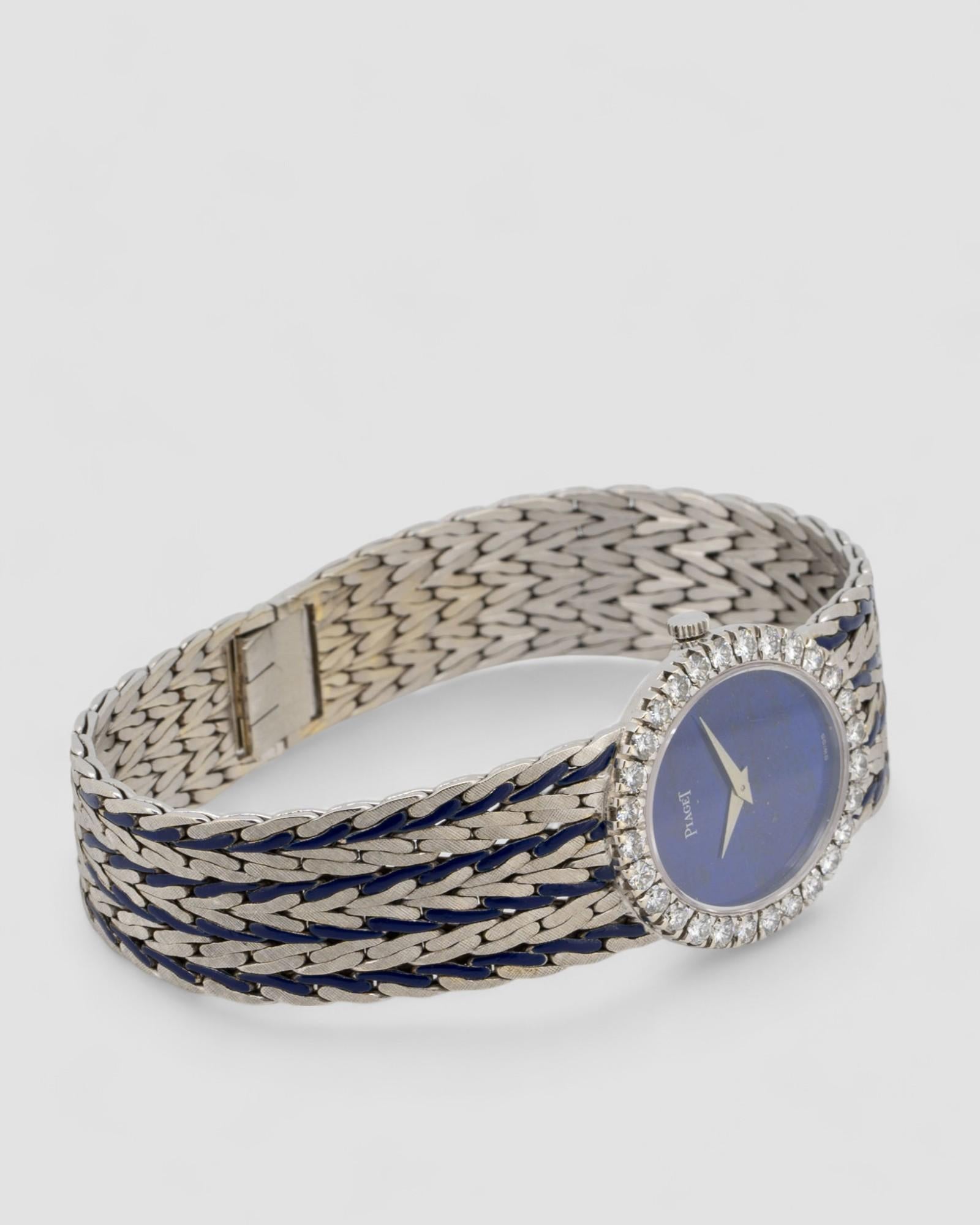 Piaget Peacock 9814 E43 Lapis Zifferblatt Blau Emaille 18k WG 1970er für Damen oder Herren im Angebot