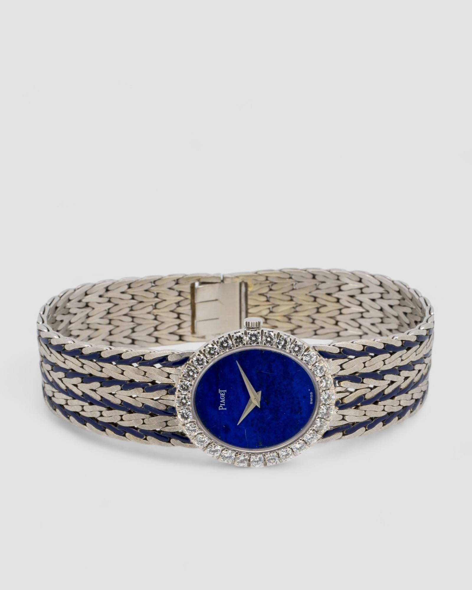 Piaget Peacock 9814 E43 Lapis Zifferblatt Blau Emaille 18k WG 1970er im Angebot 1