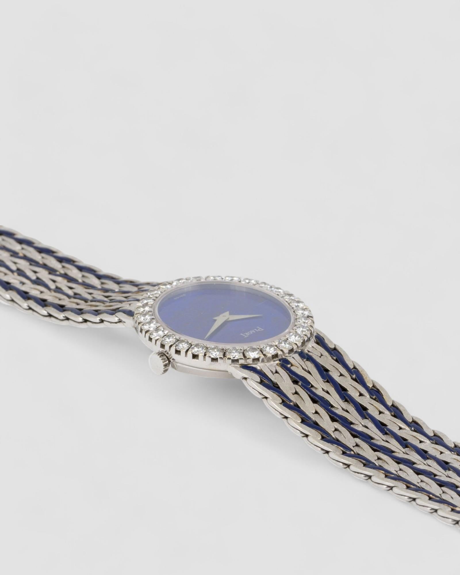 Piaget Peacock 9814 E43 Lapis Zifferblatt Blau Emaille 18k WG 1970er im Angebot 3