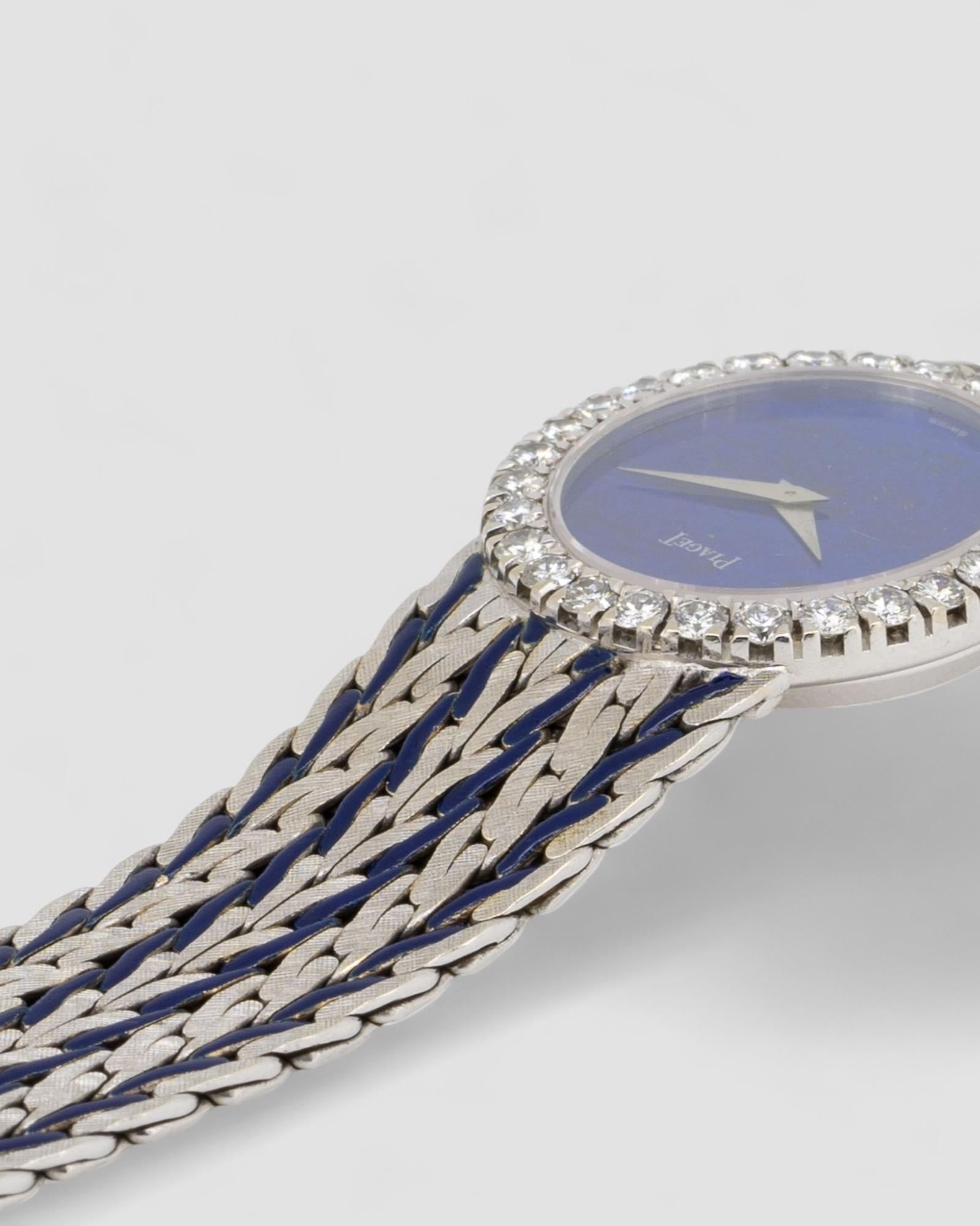 Piaget Peacock 9814 E43 Lapis Zifferblatt Blau Emaille 18k WG 1970er im Angebot 5