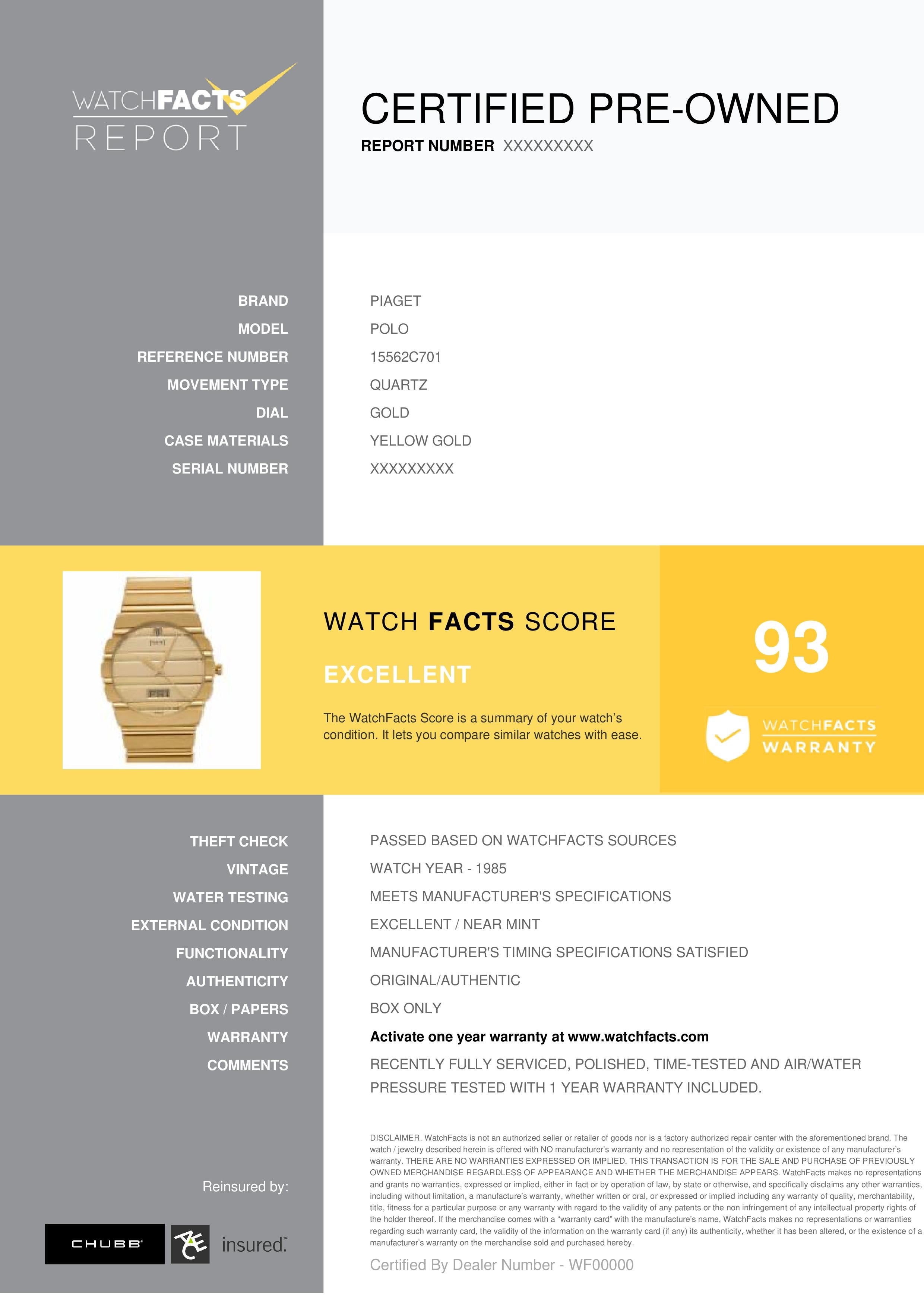 Piaget Polo Reference #: 15562c701. Mens Quartz Watch Yellow Gold Gold 0 MM. Verified and Certified by WatchFacts. 1 year warranty offered by WatchFacts.
