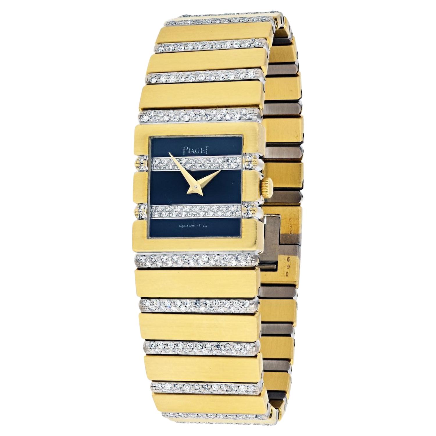 Piaget Polo 18 Karat Yellow Gold Black Dial Diamond Bracelet Ladies Watch