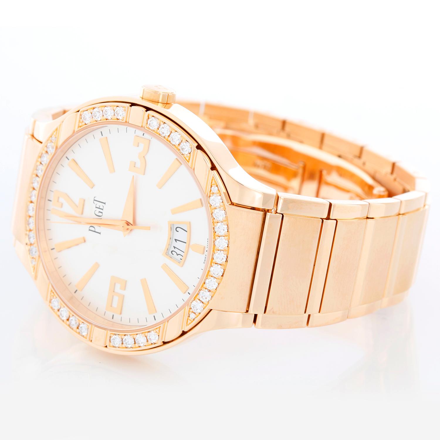 Piaget Polo 18k Rose Gold Diamond Watch Silver Dial G0A36023 - Automatic winding. 18k rose gold case (40mm diameter) with diamonds; 38 brilliant-cut diamonds approx. 1.1 cts. Silver dial with gold Arabic numerals and stick markers; date at 6