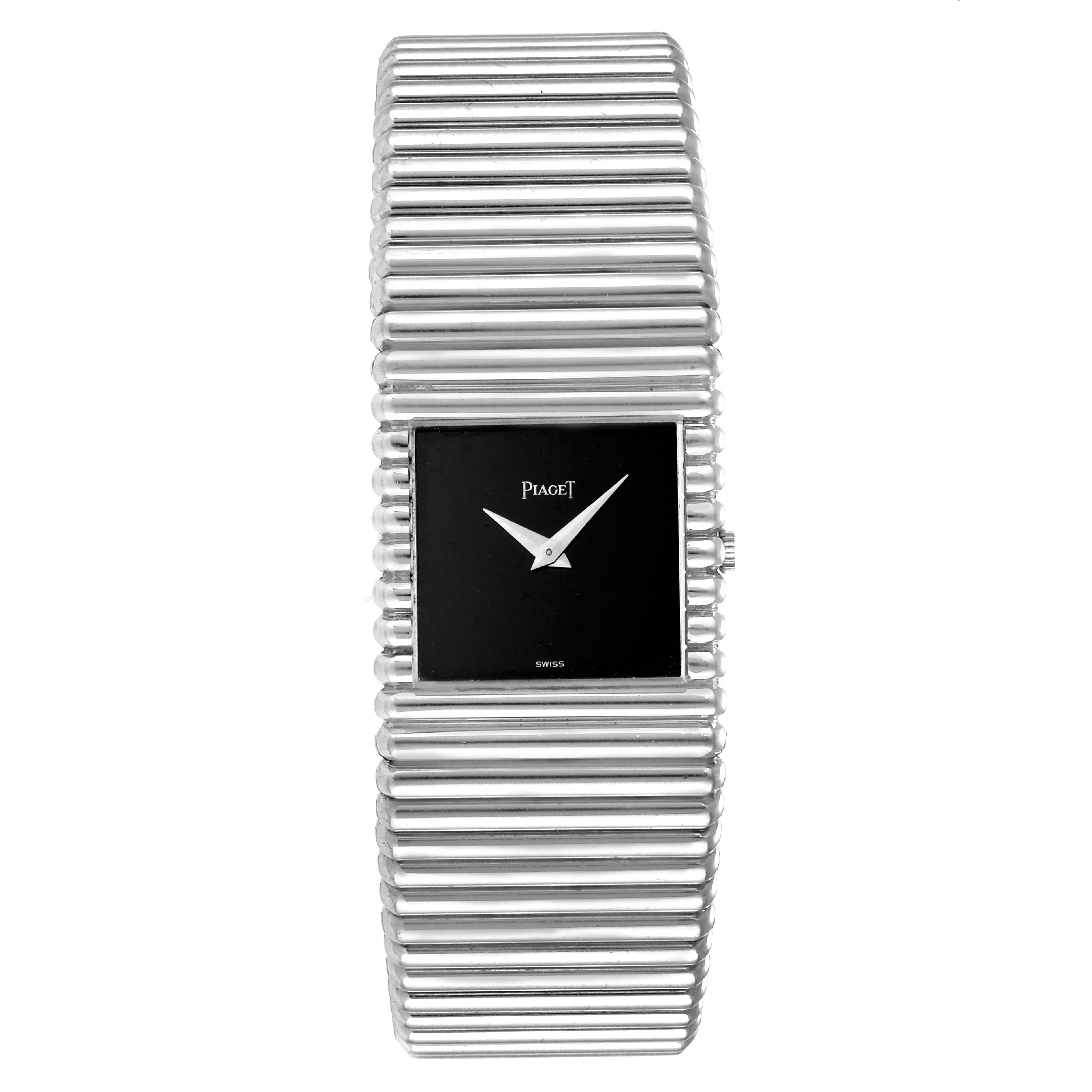 Piaget Polo 18K White Gold Black Dial Mens Watch 9131. Manual winding movement. Brushed and polished 18k white gold case 25.0 x 22.0 mm. . Scratch resistant sapphire crystal. Black dial. Brushed and polished 18k white gold bracelet. Fits 7