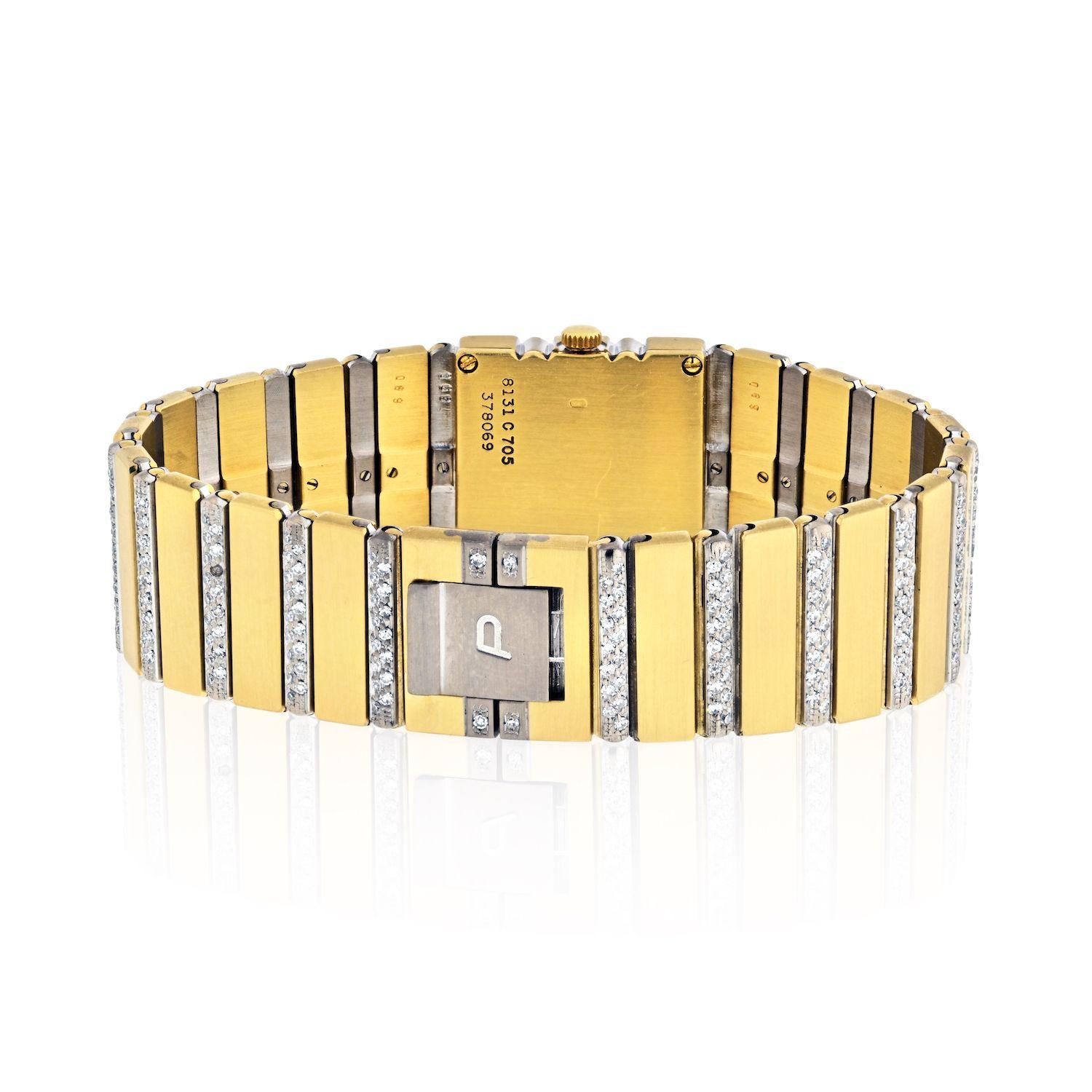 Piaget Polo 18K Yellow Gold Ladies Diamond Watch. 
Quartz movement. 
Bracelet: 6.5 inches. 
Case width: 20mm
Original diamonds. 