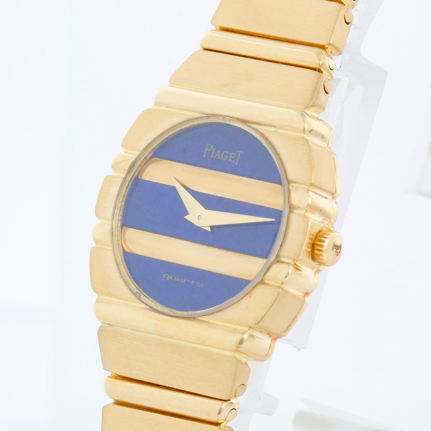 Piaget Polo 18K Yellow Gold Ladies Lapis Lazuli Watch 861 C 701 - Quartz. 18K Yellow Gold ( 25 x 25 mm ). Lapis Lazuli dial. 18K Yellow Gold bracelet; measures up to a 6 inch wrist. Pre-owned custom box.