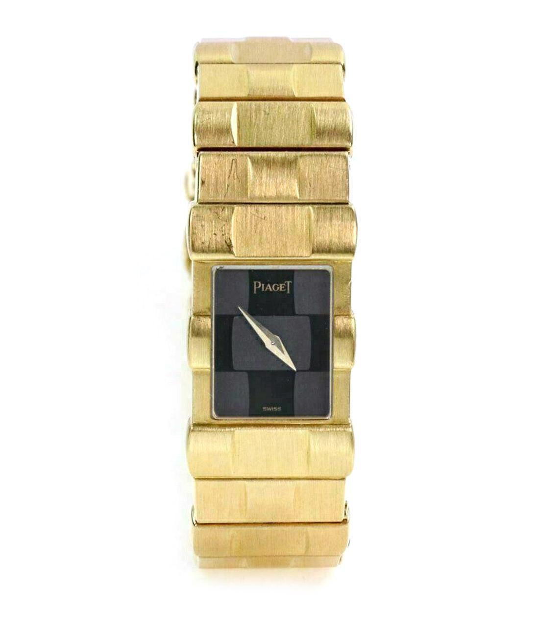 This elegant authentic ladies wrist watch is by Piaget form the POLO collection. The case and band is crafted from solid 18k yellow gold featuring a lovely solid gold link bracelet with a black dial watch and gold tone hands. Sapphire crystal, the