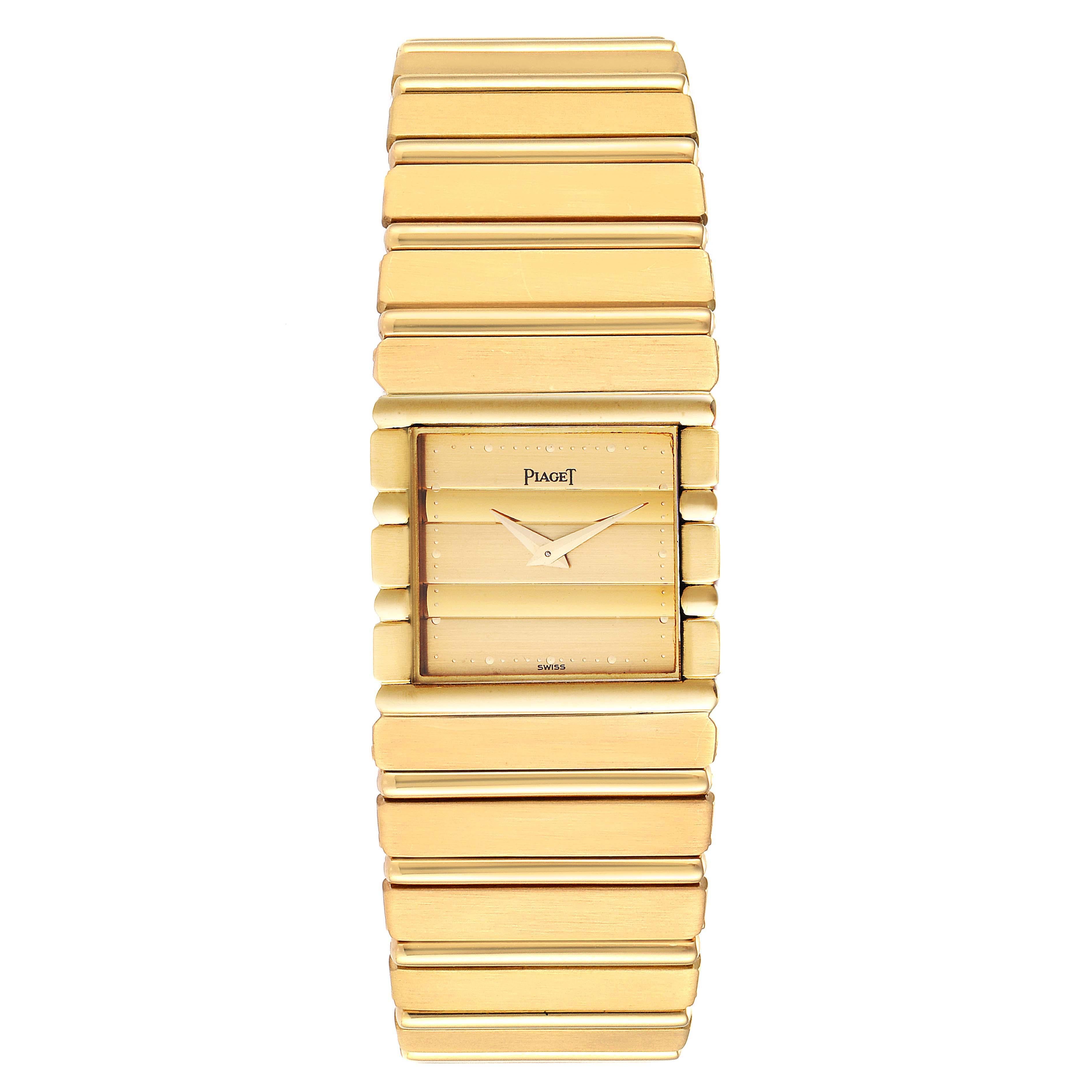 Piaget Polo 18K Yellow Gold Mens Watch 7131. Quartz movement. Brushed and polished 18k yellow gold case 25.0 x 22.0 mm. . Scratch resistant sapphire crystal. Champagne dial. Brushed and polished 18k yellow gold bracelet. Fits 7.5