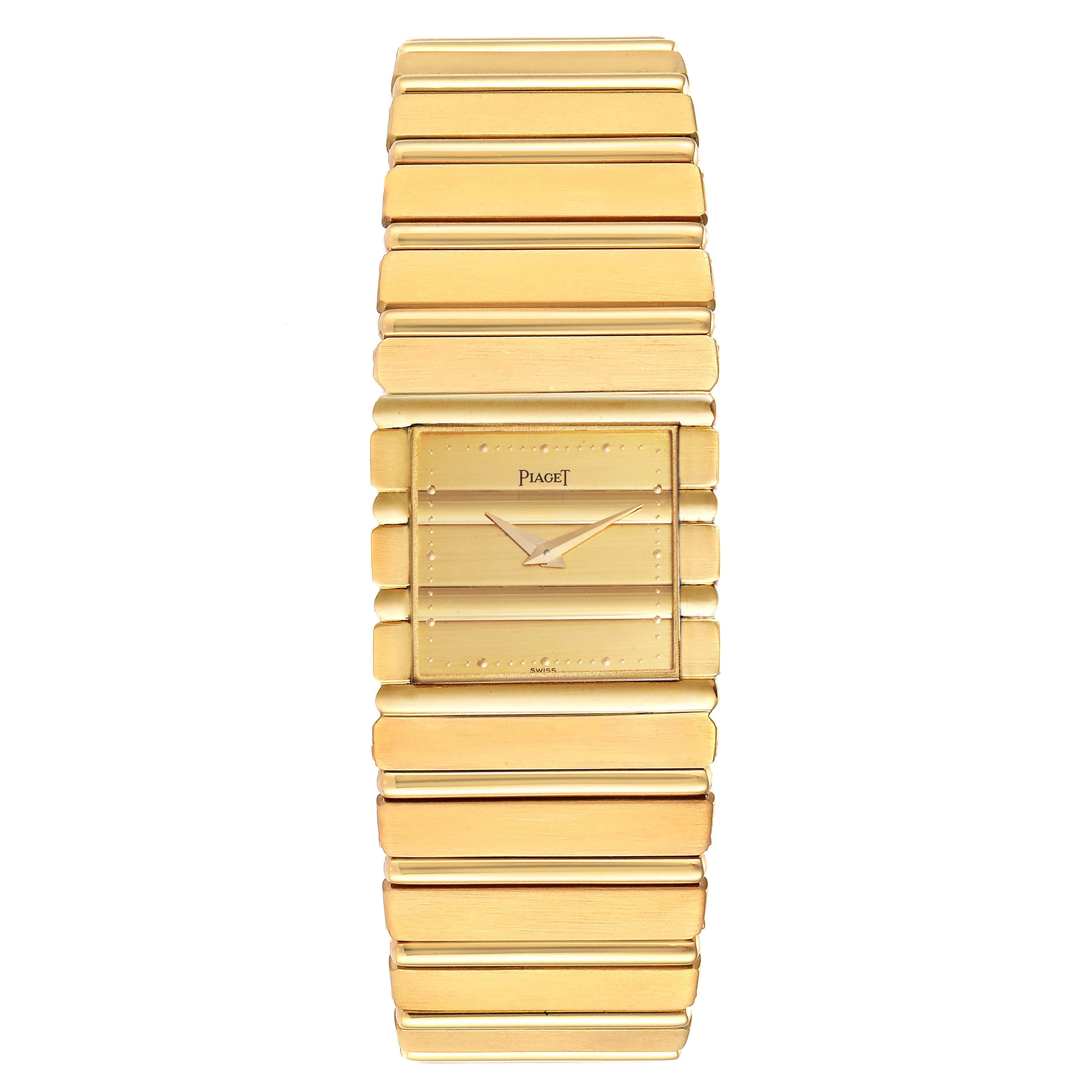 Piaget Polo 18K Yellow Gold Quartz Mens Watch 7131. Quartz movement. Brushed and polished 18k yellow gold case 25.0 x 22.0 mm. . Scratch resistant sapphire crystal. Champagne gilt ribbed dial with dot indexes. Gold Dauphine hands. Brushed and