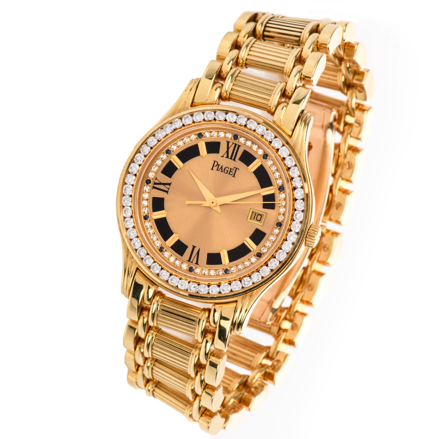 Women's or Men's Piaget Polo 24005 M 503 D Diamond Onyx 18 Karat Yellow Gold Watch
