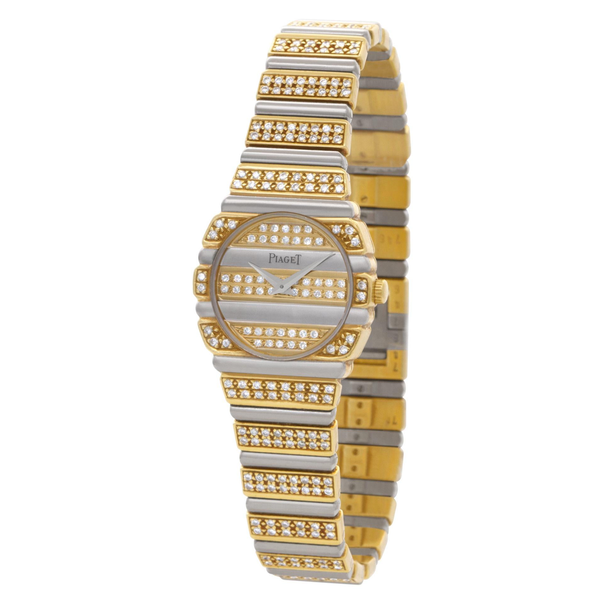 Piaget Polo en or blanc et jaune 18 carats avec cadran, boîtier et bracelet en diamants d'origine. Quartz. Boîtier de 24 mm. Longueur de 7