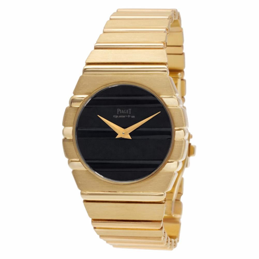 Piaget Polo Reference #:761 C701. Piaget Polo in 18k with flat black, easy to read, dial with upgraded deployant buckle. Quartz. Ref 761 C 701. 26mm x 25mm case size. Circa:1990's Fine Pre-owned Piaget Watch. Certified preowned Dress Piaget Polo 761