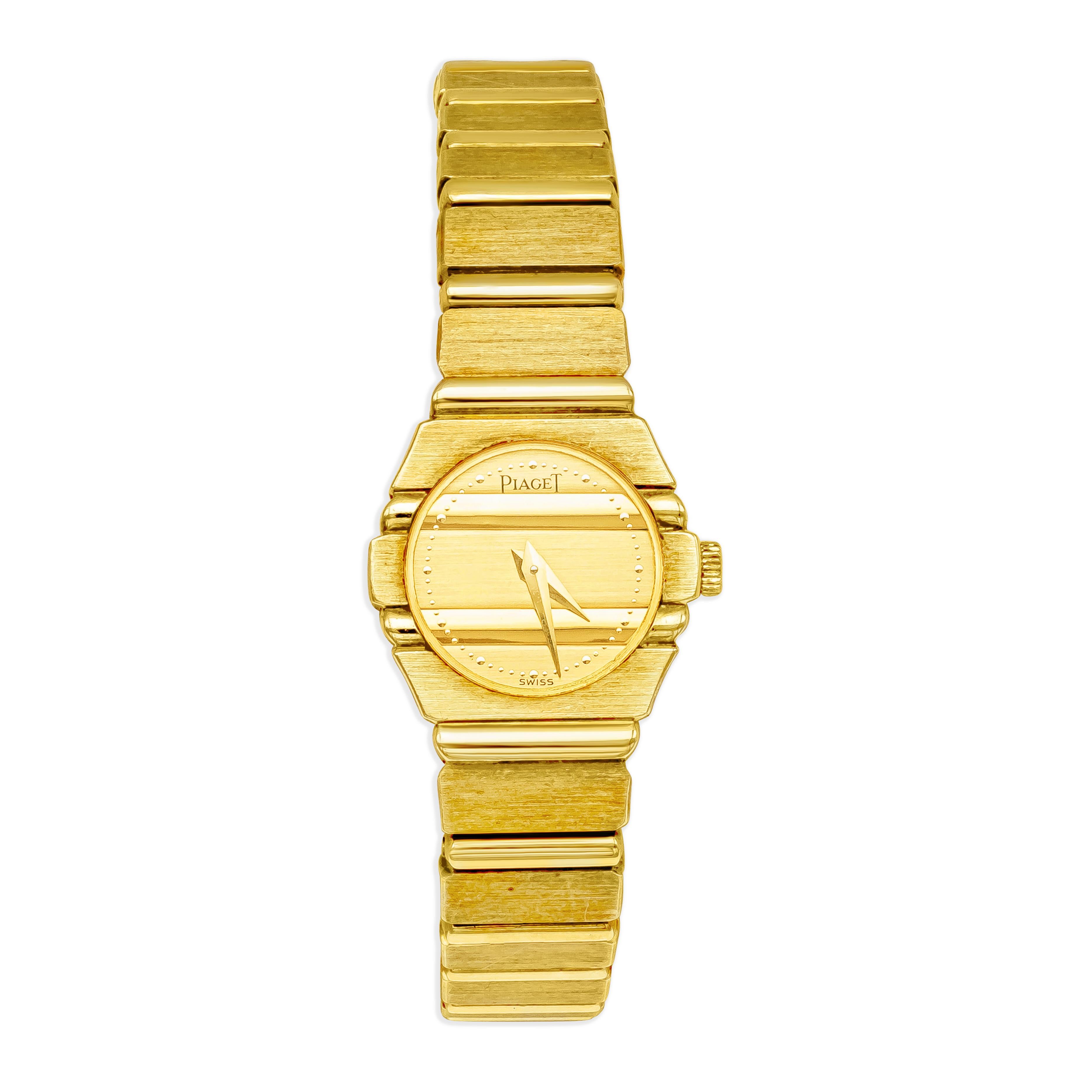 A classic and elegant Piaget Polo ladies wristwatch in Quartz. Ref 841 C701. Small 19 mm case with a round caseback and gold no marker dial. Made out of 18K yellow gold on a gold link band with an 18K tang buckle. Certified pre-owned Piaget watch.