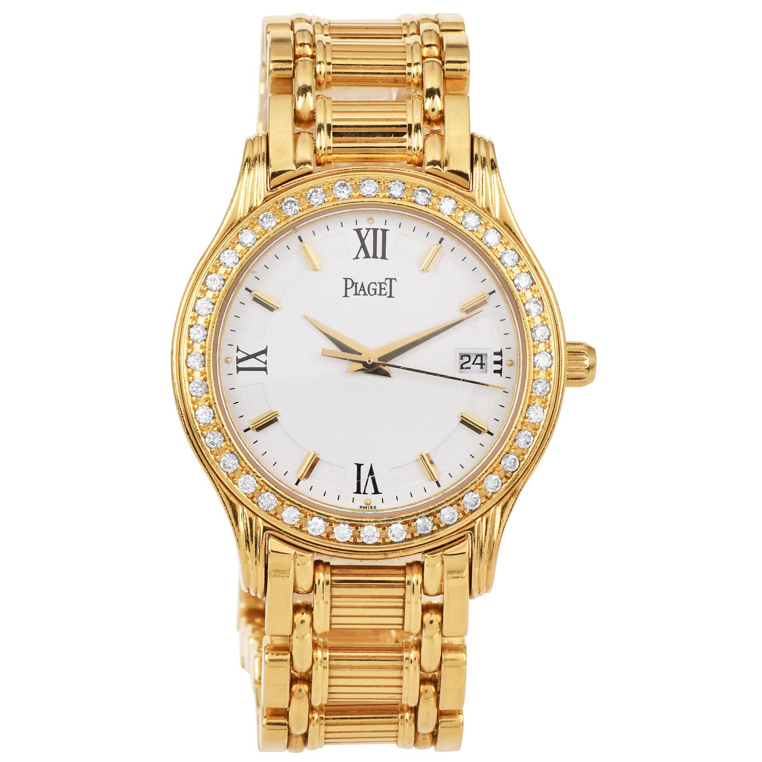Piaget Ladies Yellow Gold Diamond Set White Dial Polo Quartz Wristwatch

Key Features

Brand & Model: Piaget Polo, Ref 23005 M 501D

Movement: Quartz

Case & Bezel: 18K Yellow Gold with bezel set with approximately 40 round brilliant diamonds

Dial: