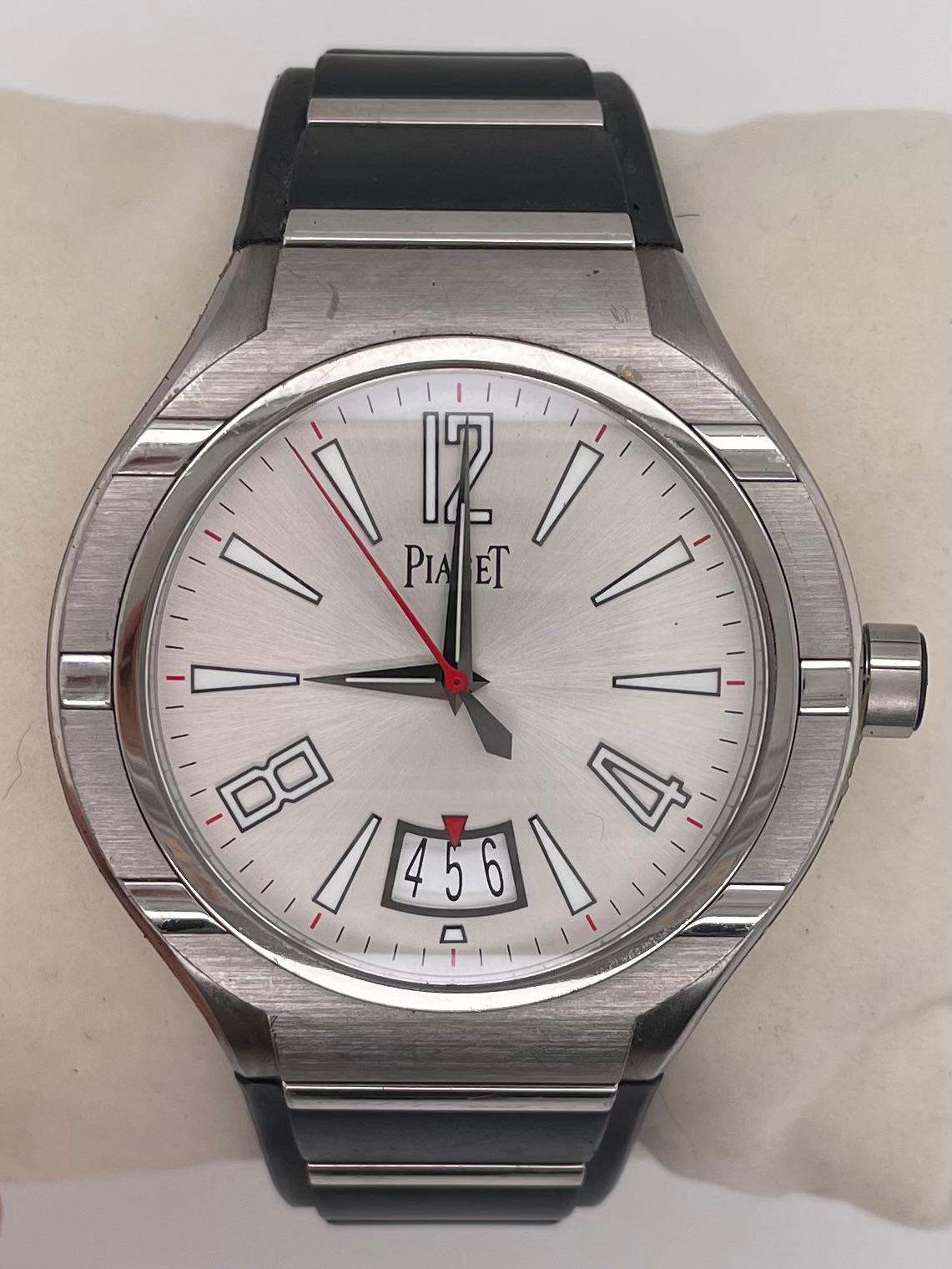 PIAGET Polo FortyFive Men's Watch P10605
Wristwatches with Original Box
45mm Titanium Rubber Strap Automatic 

A pre-owned, fully operational and functions as intended with some signs of cosmetic wear. 
Case Color: Silver/Grey
Caseback: