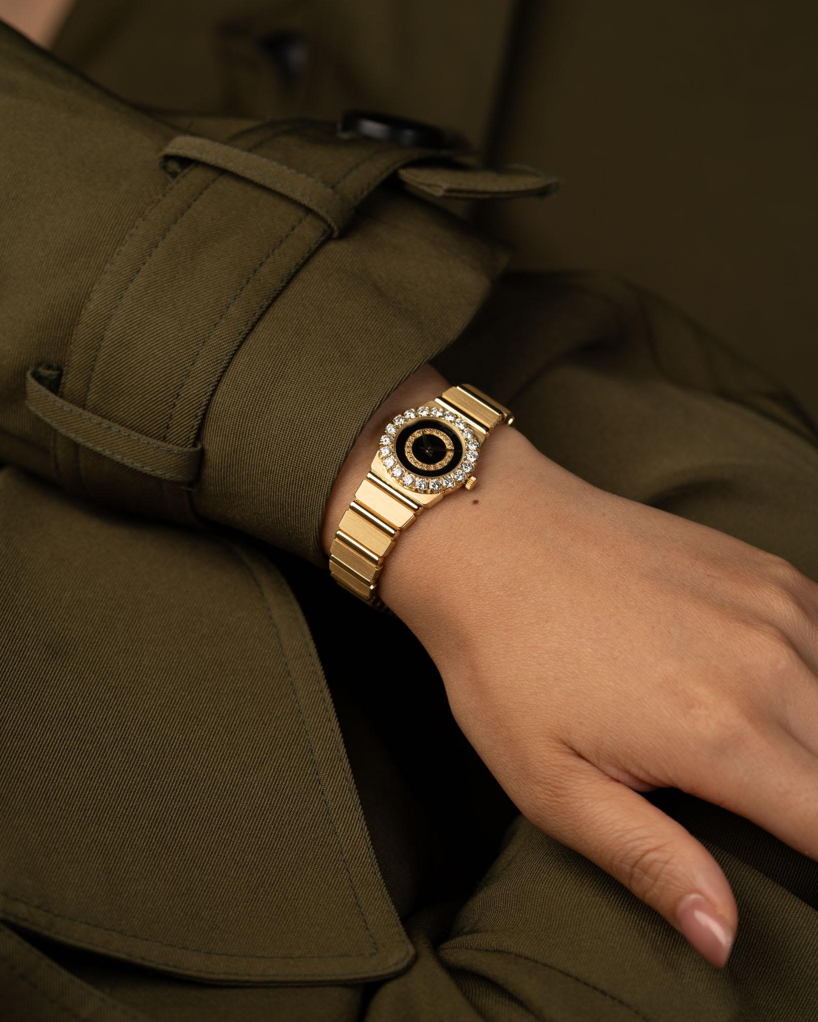 De las mujeres Piaget Polo Mini 8286 C701 Bisel Grande Diamante Esfera Onyx 18k YG en venta