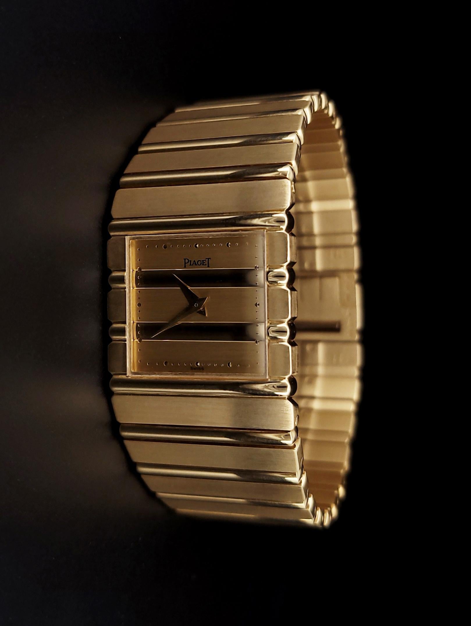 PIAGET POLO WATCH IN 18K YELLOW GOLD

Brand: Piaget 
Model: Polo
Reference: 8131 C701
Material: 18k Yellow Gold
Movement: Swiss Quartz
Case Size: 25mm
Case Thickness: 6mm
Length: 8 inches
Weight: 143 grams
Condition: Like-New, Pristine with Piaget