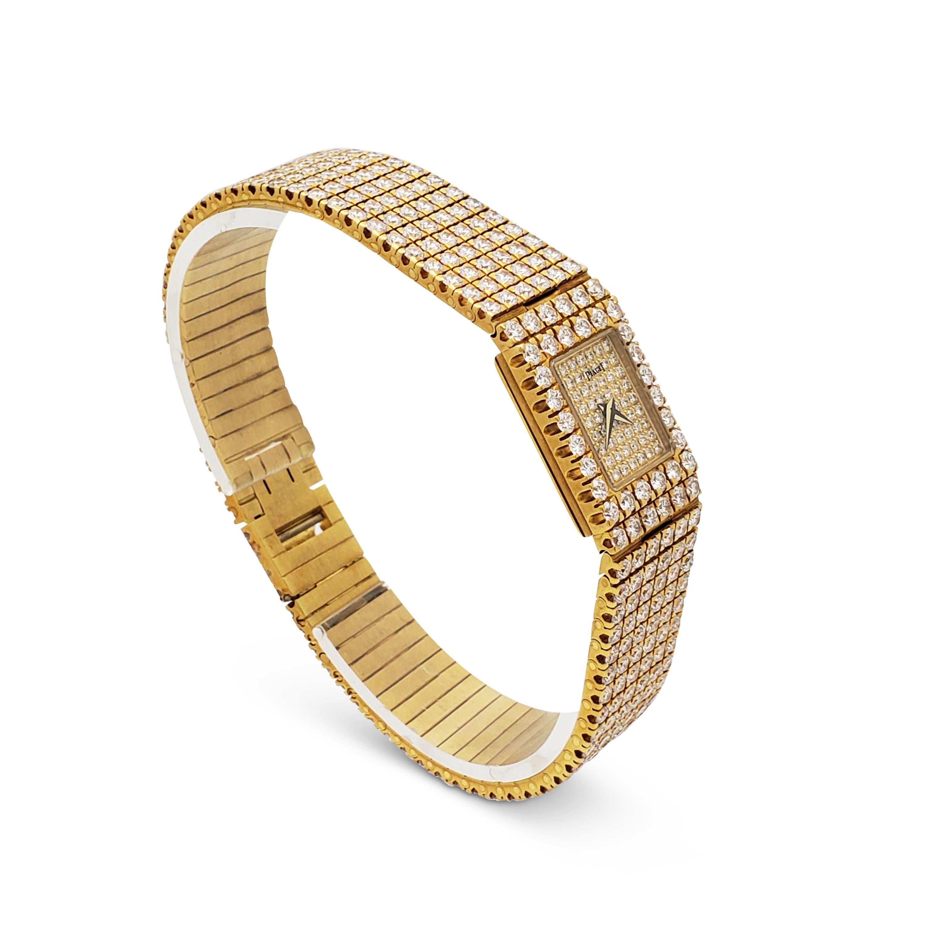 Authentic Piaget polo ladies watch crafted in 18 karat yellow gold and set with approximately 17 carats of dazzling round brilliant cut diamonds.  Quartz movement, 19.5mm case, yellow gold diamond-set dial and bracelet.  Will fit up to a 7-inch