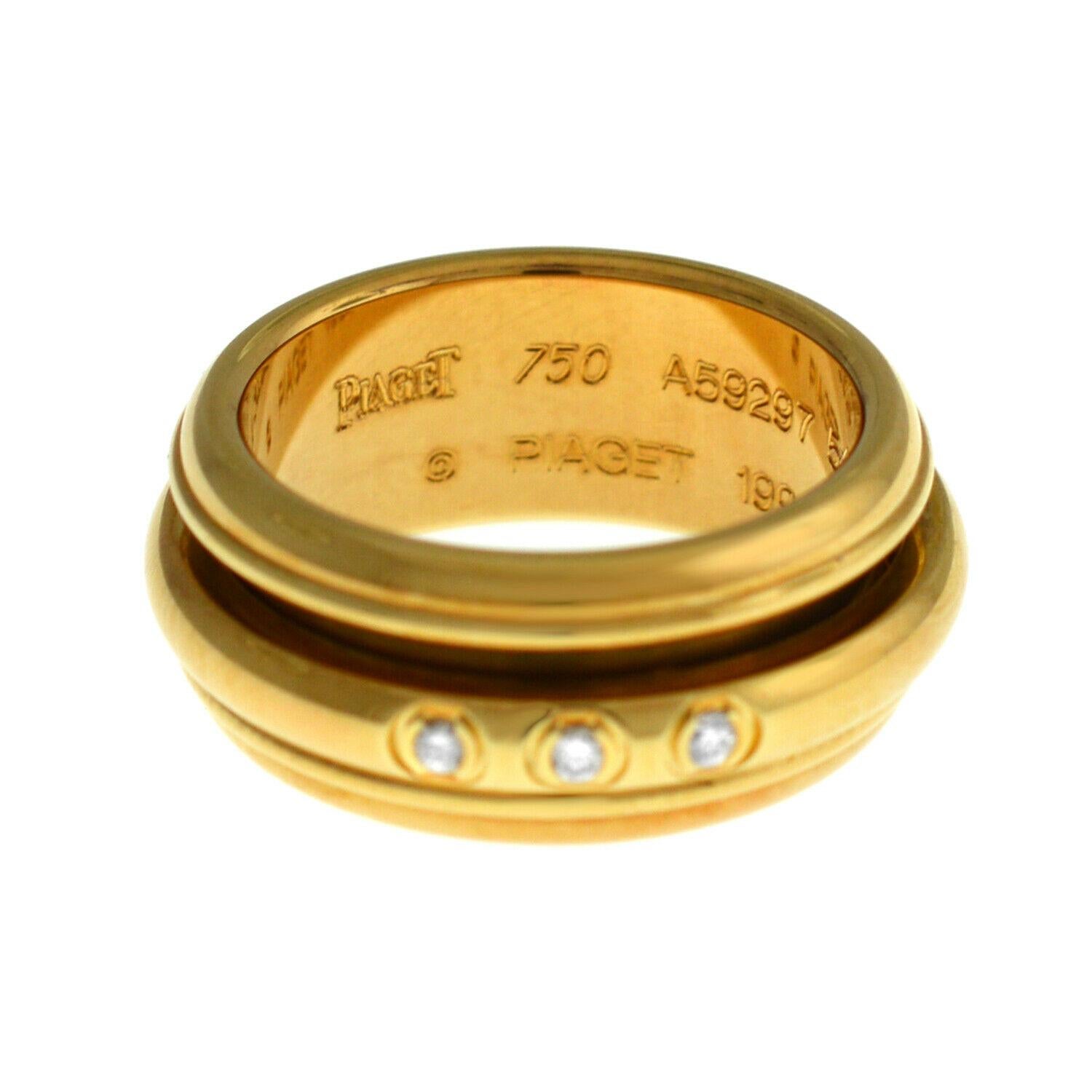 Brand	Piaget
Model	Possession
Gender	Ladies
Condition	New Old Stock
Metal 	18K Yellow Gold
Metal Weight	14 gr.
Size 7
New old stock ring without any scratches. This stunning Rotating Double Piaget ring is made from 18K Yellow Gold weighting at 14