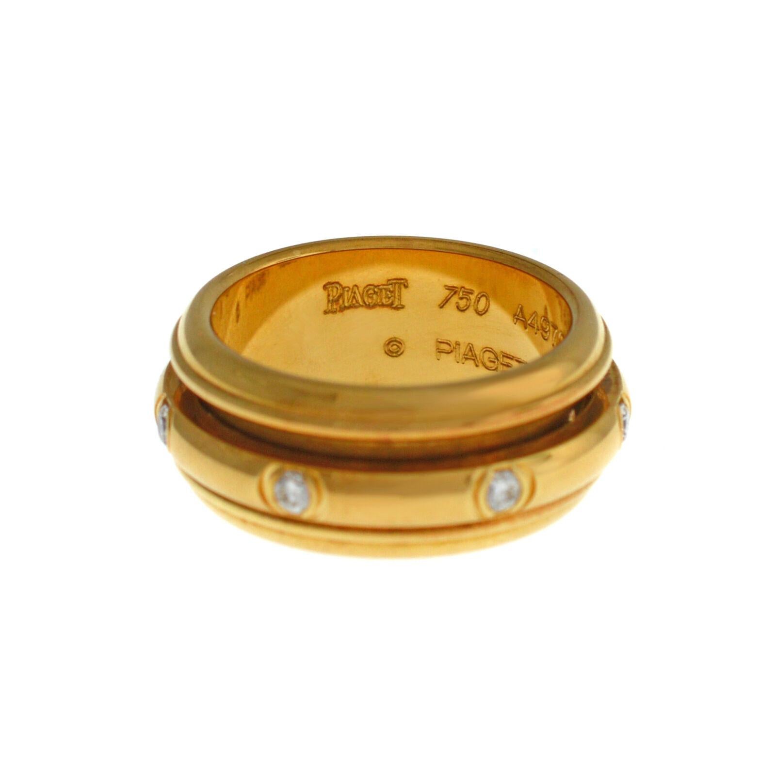 Brand	Piaget
Model	Possession
Gender	Ladies
Condition	New Old Stock
Metal 	18K Yellow Gold
Metal Weight	14 gr.
Retail / List Price	
Ring Size	
7.75 size
This stunning Rotating Double Piaget ring is made from 18K Yellow Gold weighting at 14 gr. and