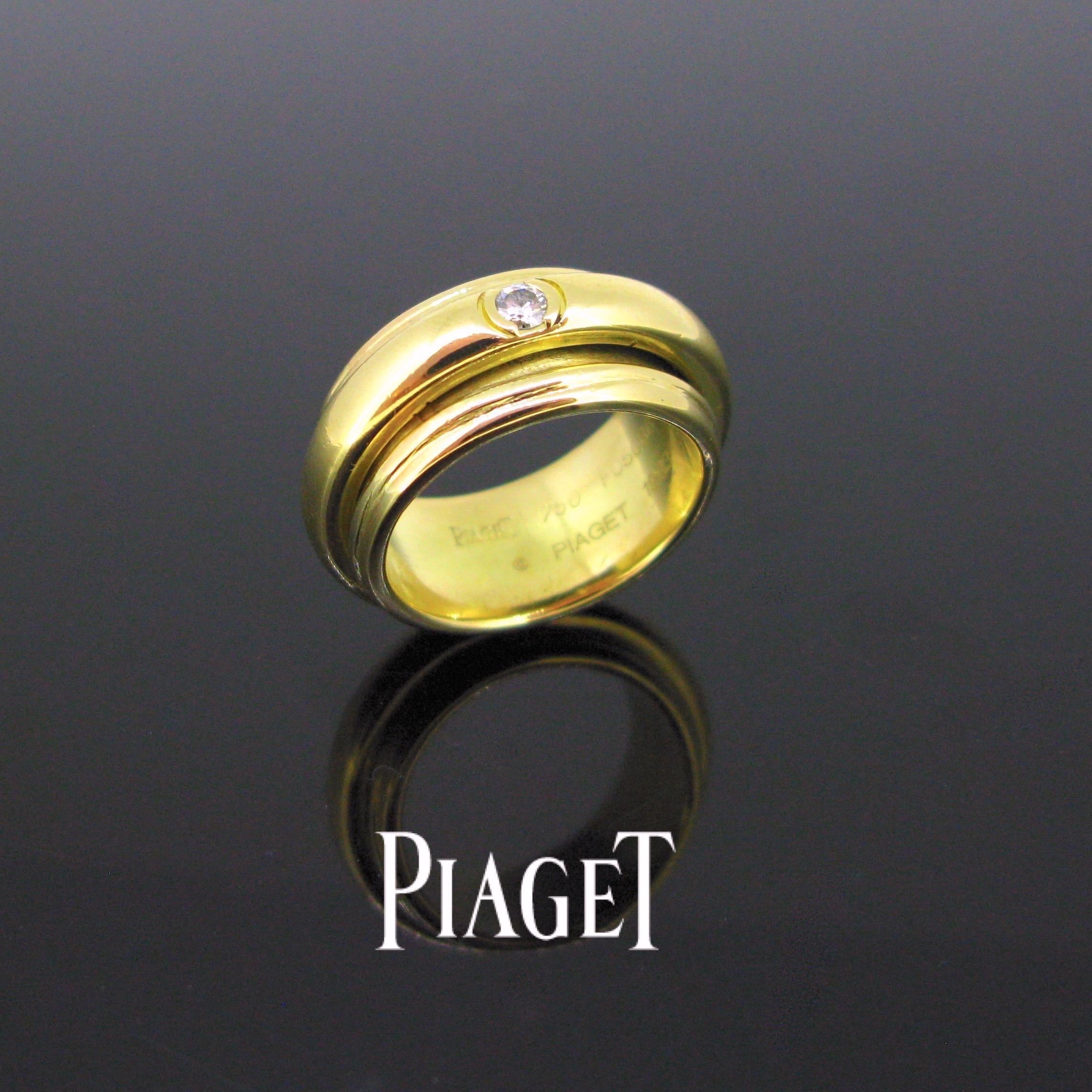 Weight:	21.25gr


Metal:	18kt yellow Gold 


Stones:	1 Diamond
•	Cut:	Brilliant
•	Total carat weight:	0.15ct approximately
•	Colour:	E/F
•	Clarity:		VVS

Condition:	Very Good


Signature:	PIAGET, nº F05066 


Comments:	This bold ring is from