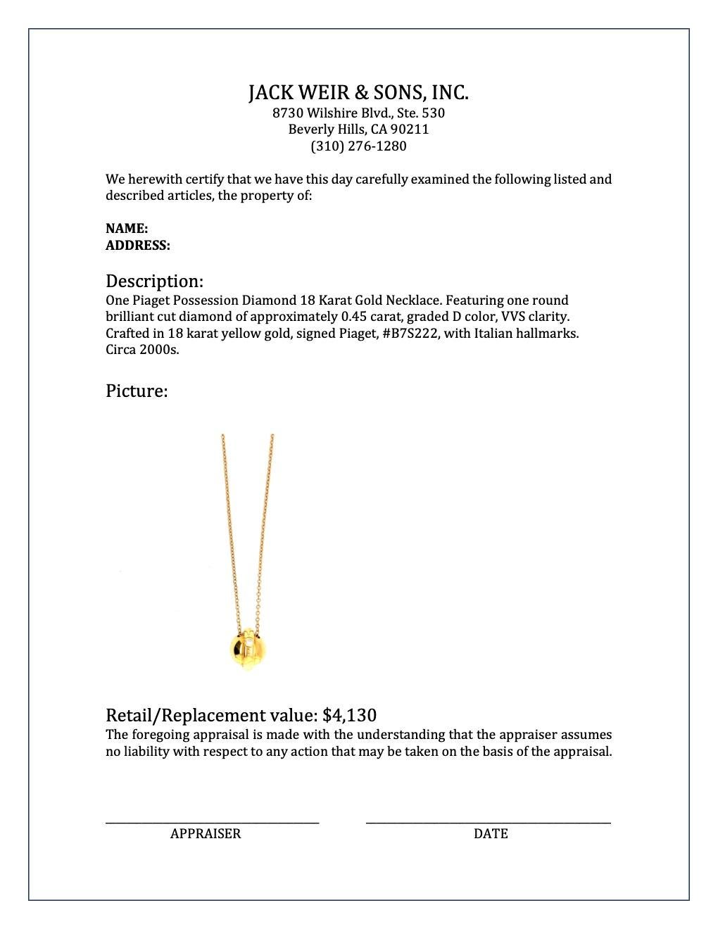 Round Cut Piaget Possession Diamond 18 Karat Gold Necklace