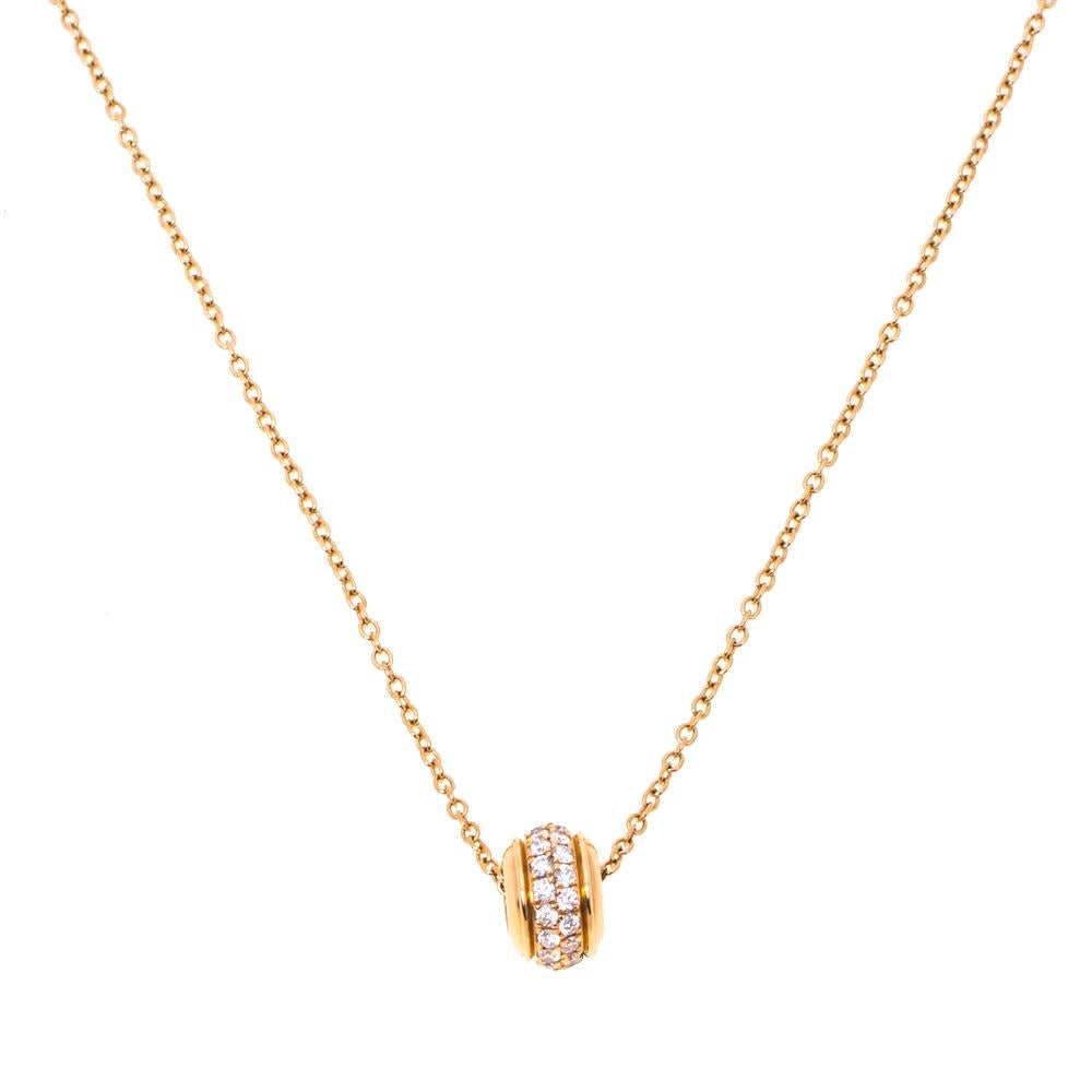 Show your love for fine artistry and luxury accessories with this stunning necklace from Piaget. One of the most popular collections from Piaget is their Possession collection which is defined by rotating rings. The beauty of those rings comes alive