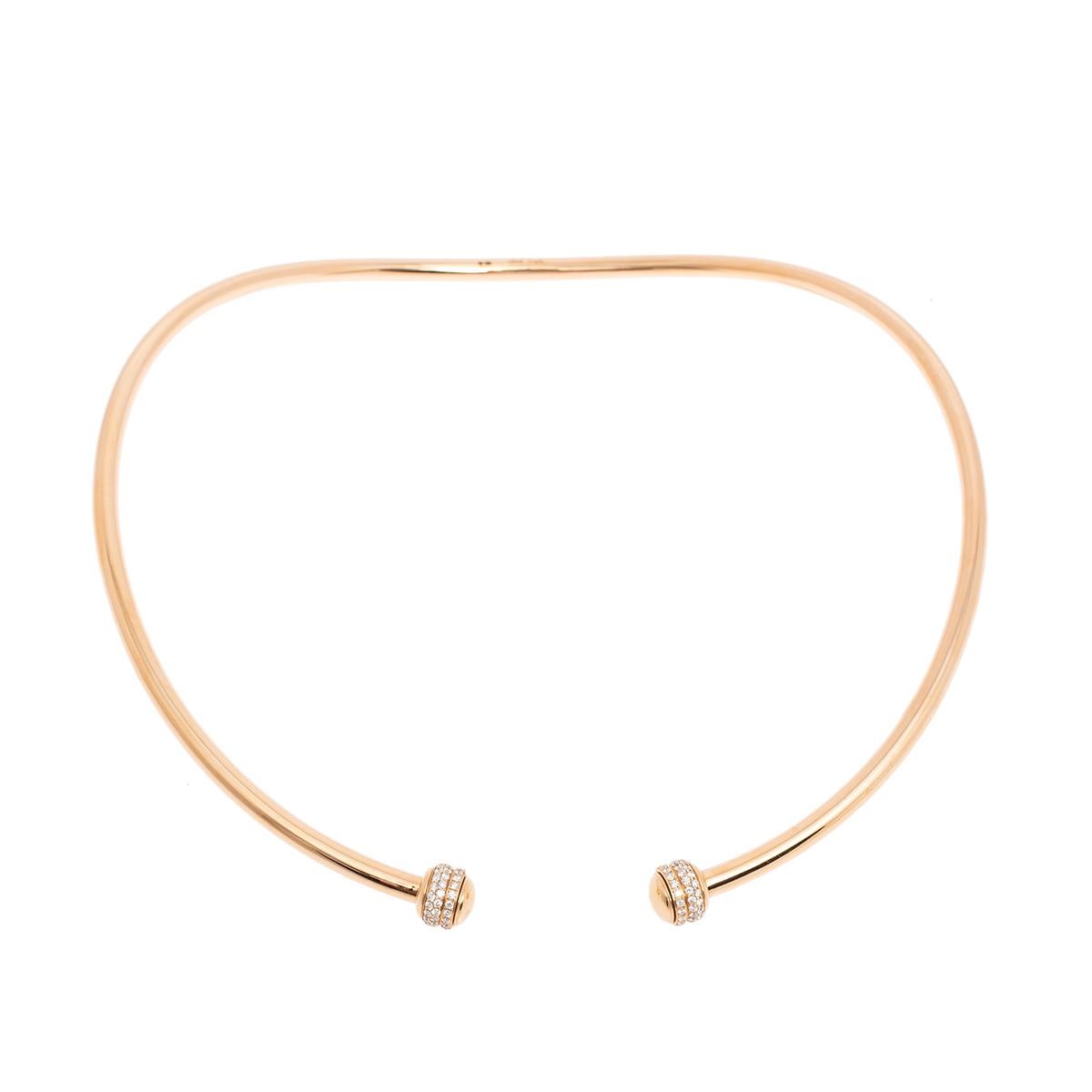 Show your love for fine artistry and luxury accessories with this stunning necklace from Piaget that is made from 18k rose gold. One of the most popular collections from Piaget is their Possession collection which is defined by rotating rings. The