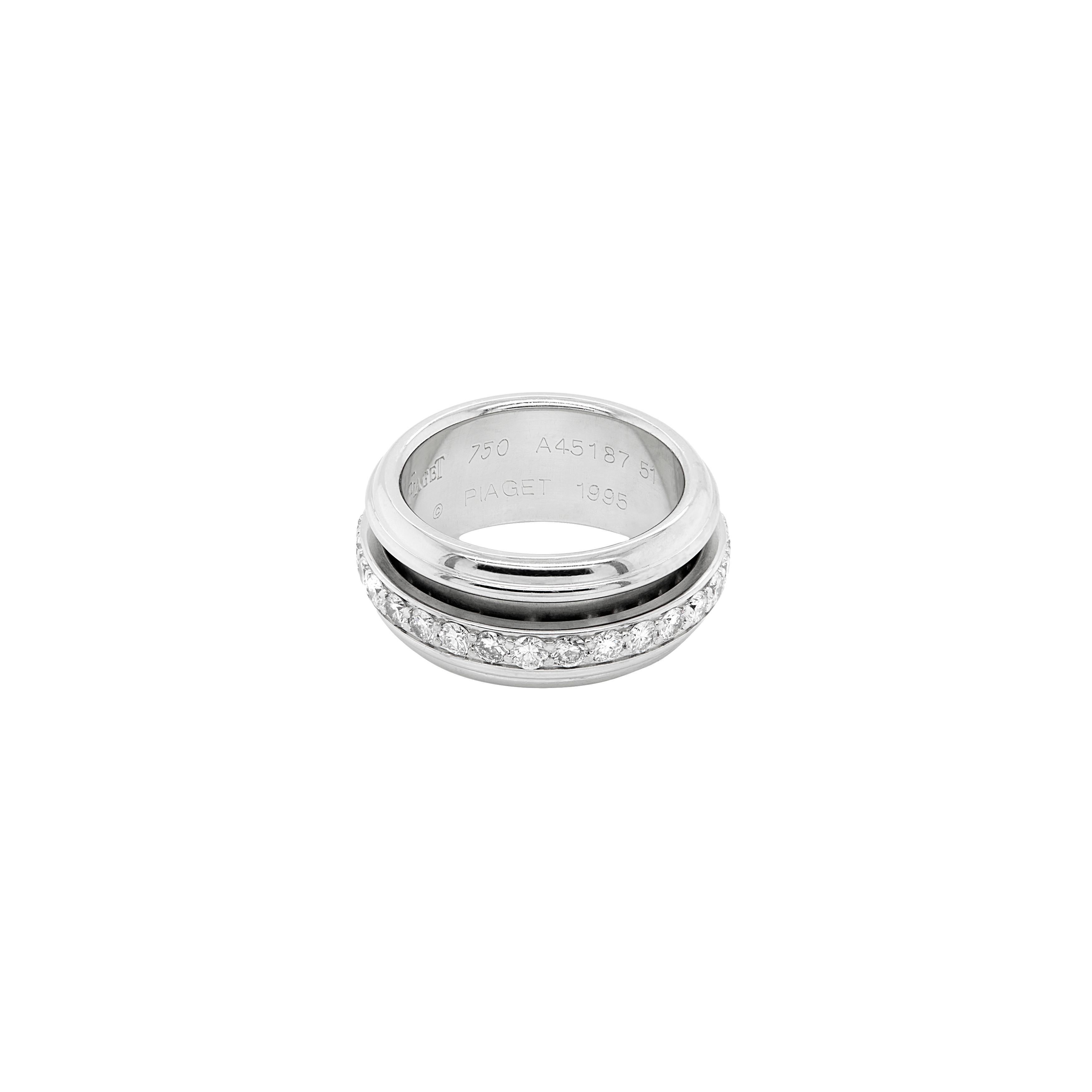 Introducing a stunning band ring by Swiss luxury watchmaker and jeweller, Piaget, from their Possession collection.

Exquisitely crafted in high polish 18 carat white gold, the wonderful piece effortlessly blends luxury, innovation, and timeless