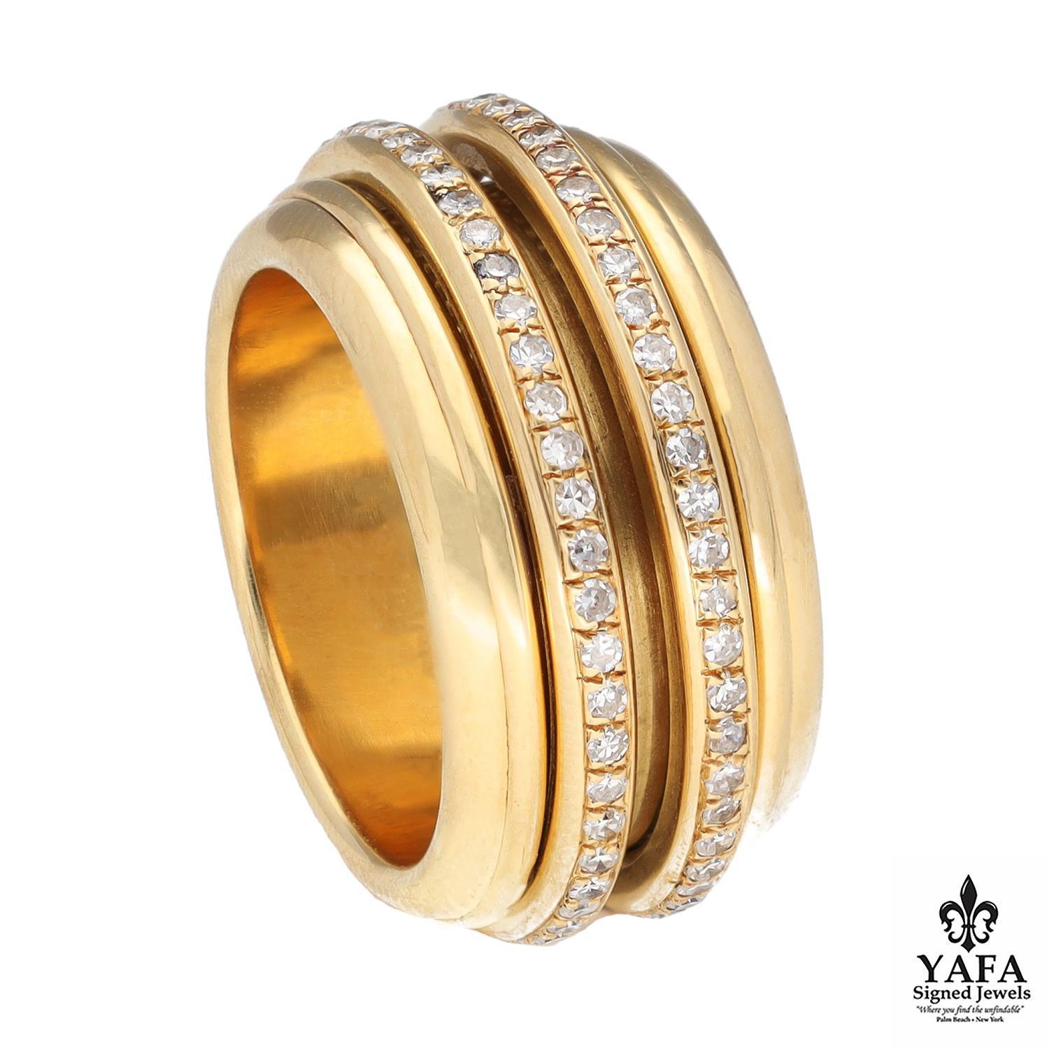 18K Yellow Gold Diamond Possession Also Referred to as 'Decor Palace' Band. A Luxury Ring to be Played with, the Two Turning Rail Set Diamond Bands Unleash the Positive Energy of this Ring at Each Spin.

Circa - 1991
Size - 50 / 5.25
Approximate