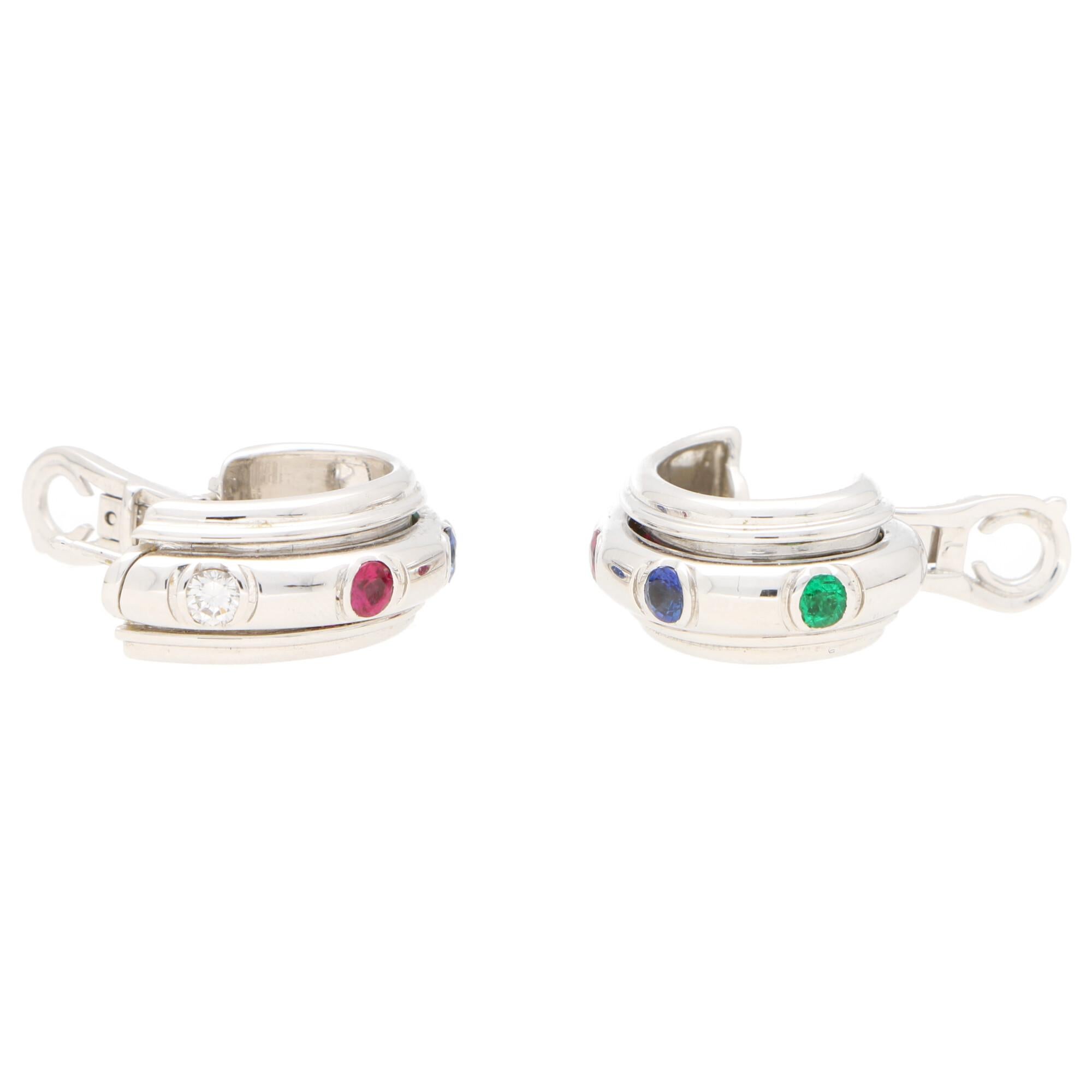Retro Piaget Possession Diamond, Ruby, Emerald and Sapphire Earrings in 18k White Gold