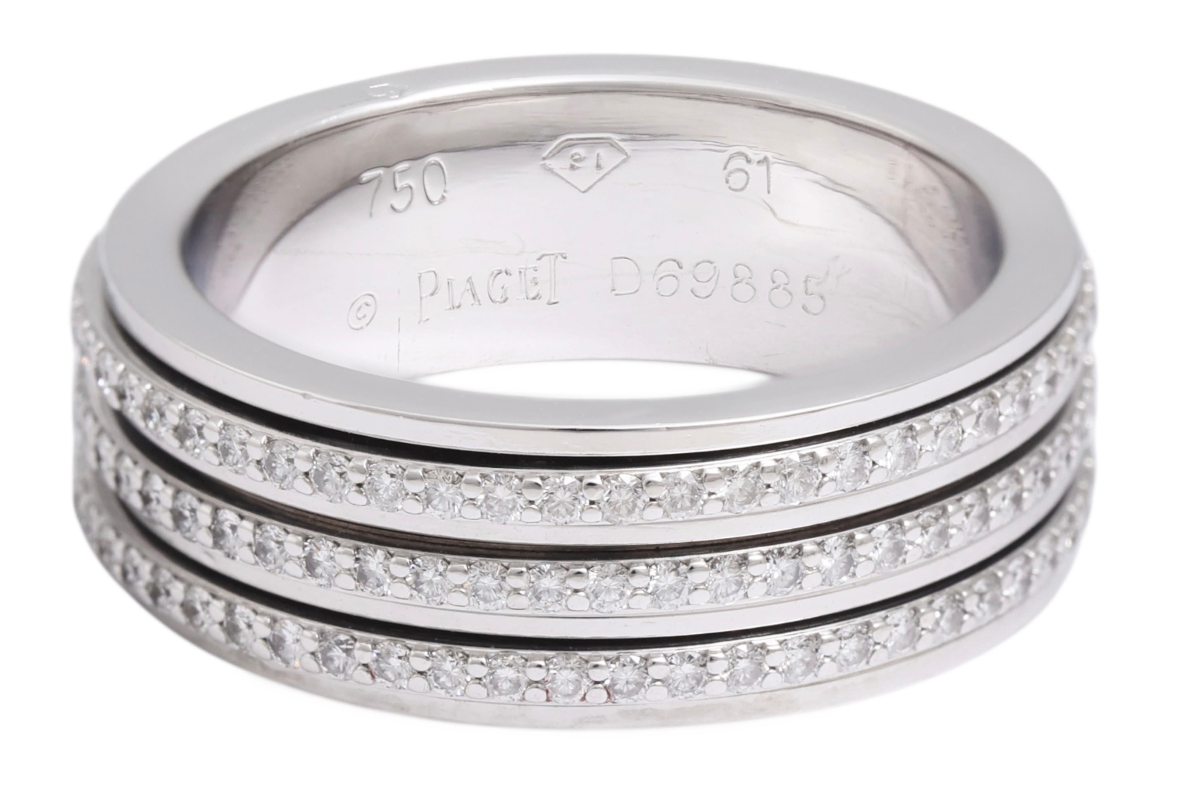 Piaget Possession Engagement Eternity Diamond Ring 18kt White Gold.

3 Diamond Set Moving Rings make it a very amusing Ring.

Material: 18kt white gold, diamonds.

Weight: 13.3 grams / 8.5 dwt

Size: 61

Diamonds: Circa 1.56 carat brilliant cut