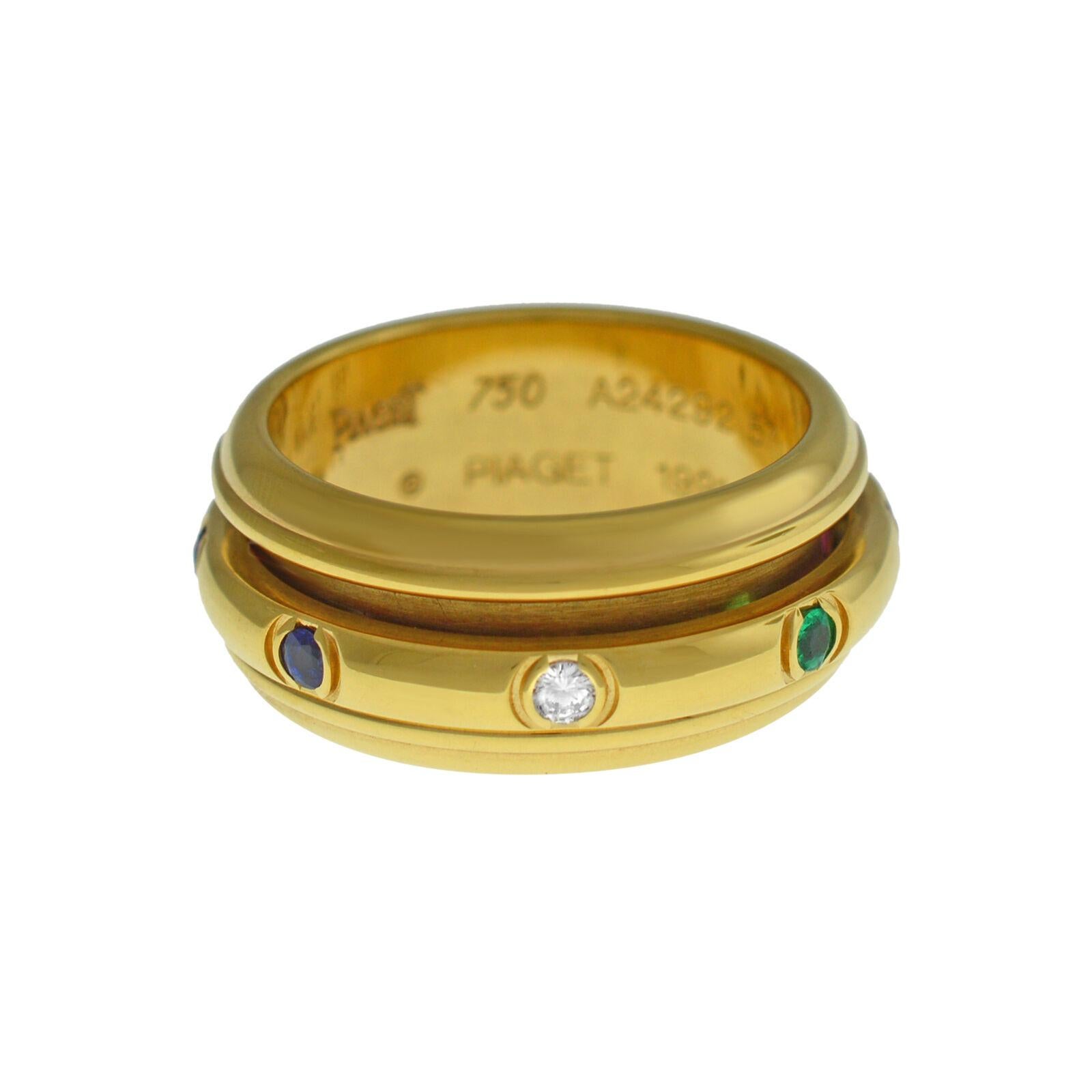 Brand	Piaget
Model	Possession
Gender	Ladies
Condition	New Old Stock
Metal 	18K Yellow Gold
Metal Weight	15 gr.	
8.25 size
 This stunning Rotating Double Piaget ring is made from 18K Yellow Gold weighting at 15 gr. and has 2 diamonds, 3 emeralds, 2