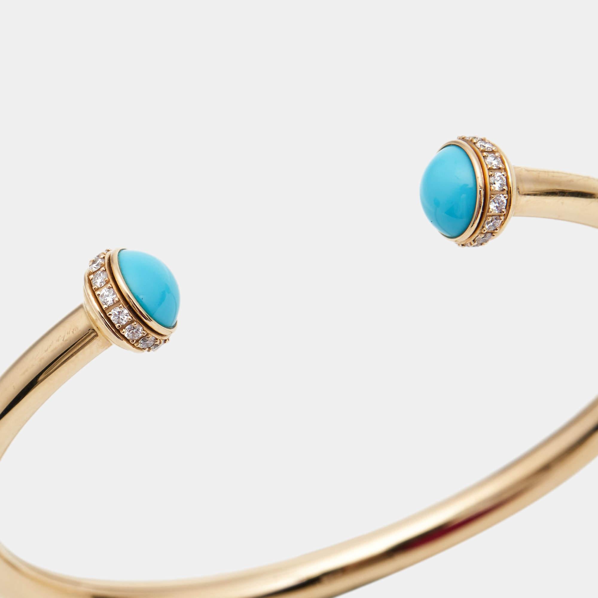 Show your love for fine artistry and luxury accessories with this stunning open cuff bracelet from Piaget that is made from 18k rose gold. One of the most popular collections from Piaget is Possession which is defined by rotating rings. The beauty
