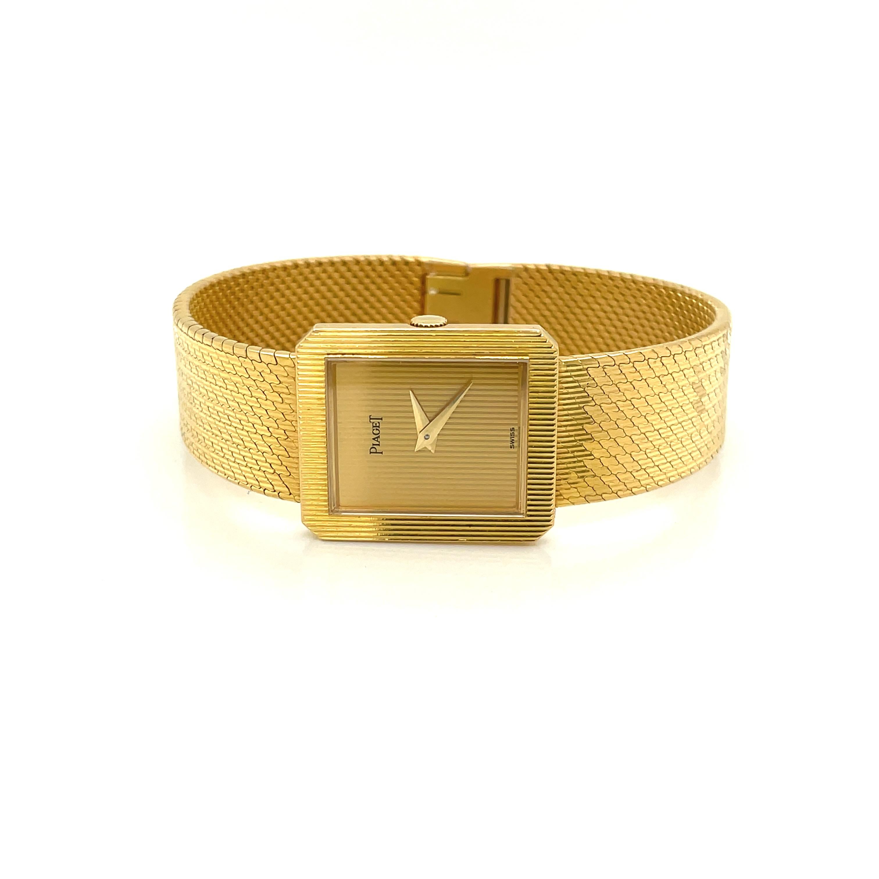 With one of the best reputations for fine luxury watches, this Piaget Ladies Wrist Watch surely delivers. Circa 1980's, with a sleek look, the elegant 18 karat yellow gold integrated bracelet with smooth flat brick patterned links displays as fine