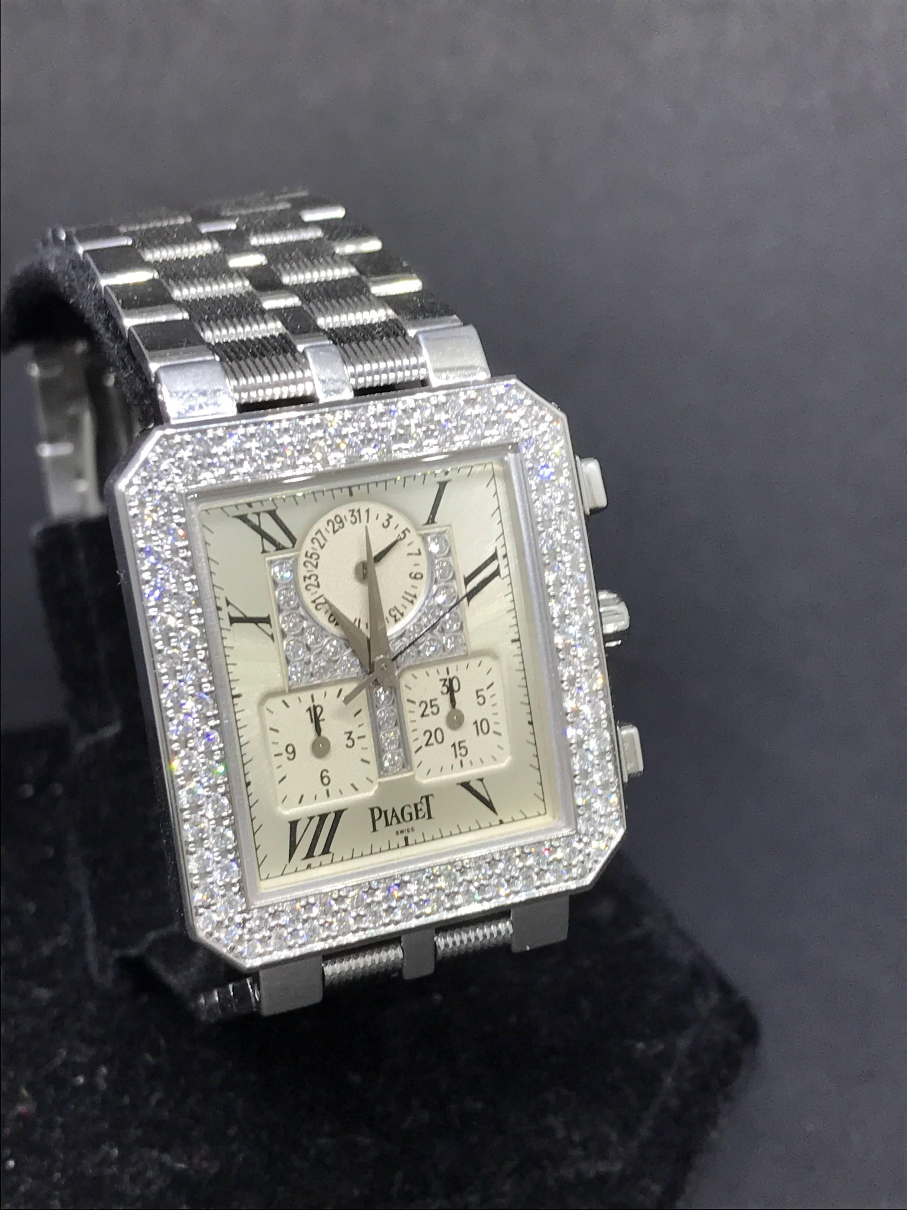 Piaget Protocole Unisex Watch

Model Number: G0A23069

100% Authentic

New / Old Stock

Comes with generic watch box

18 Karat White Gold Case & Bracelet

Case set with 2 rows of diamonds

Silver Dial set with diamonds

Black Roman Numeral Hour