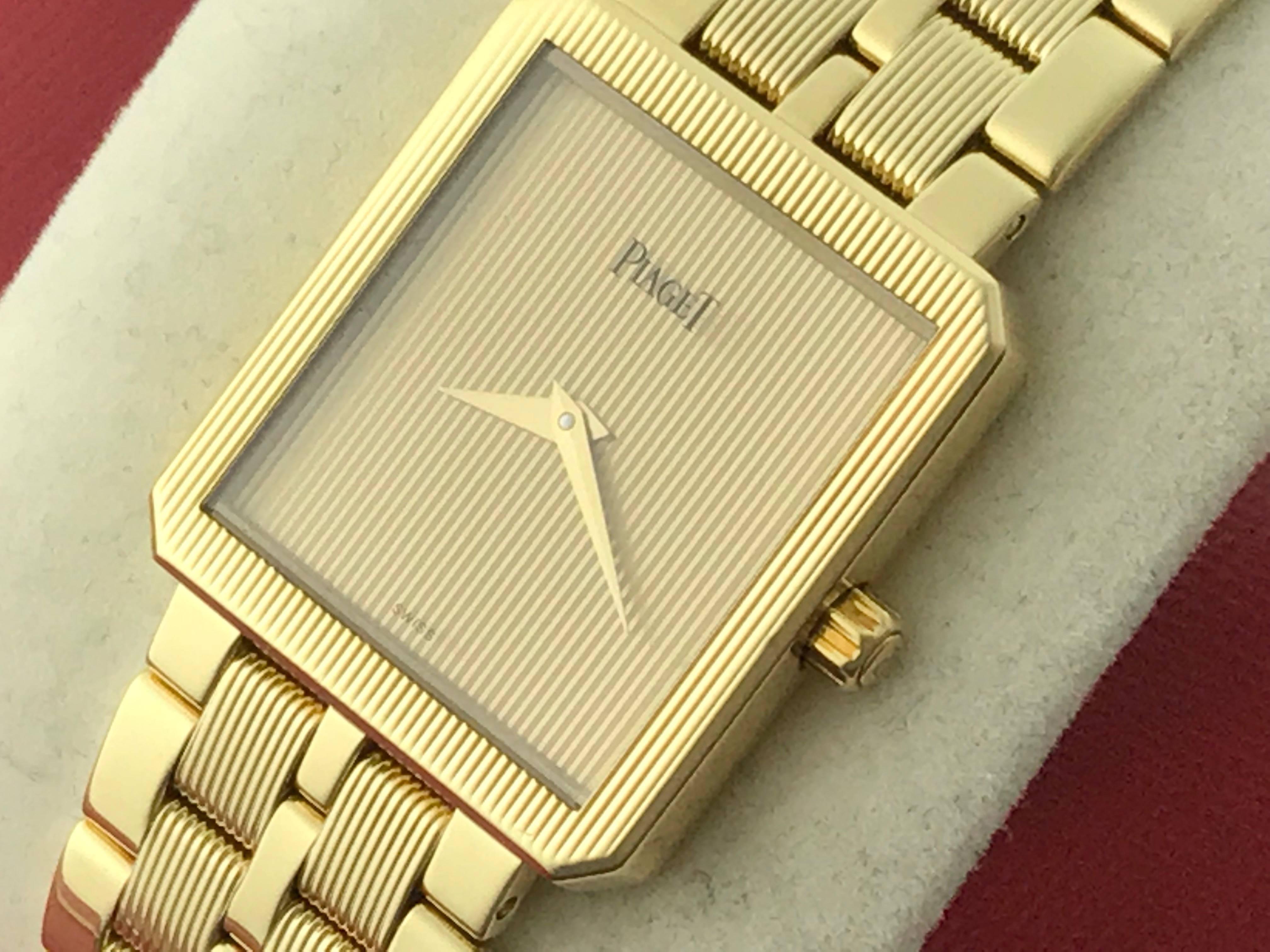 Piaget Protocole Midsize 18k yellow gold quartz wrist watch. Model 50154M601D. 18k Yellow Gold rectangular style case (24x28mm), 18k Yellow Gold Piaget bracelet with deployant clasp, Gold Dial. Certified Pre Owned and ready to ship! Piaget original