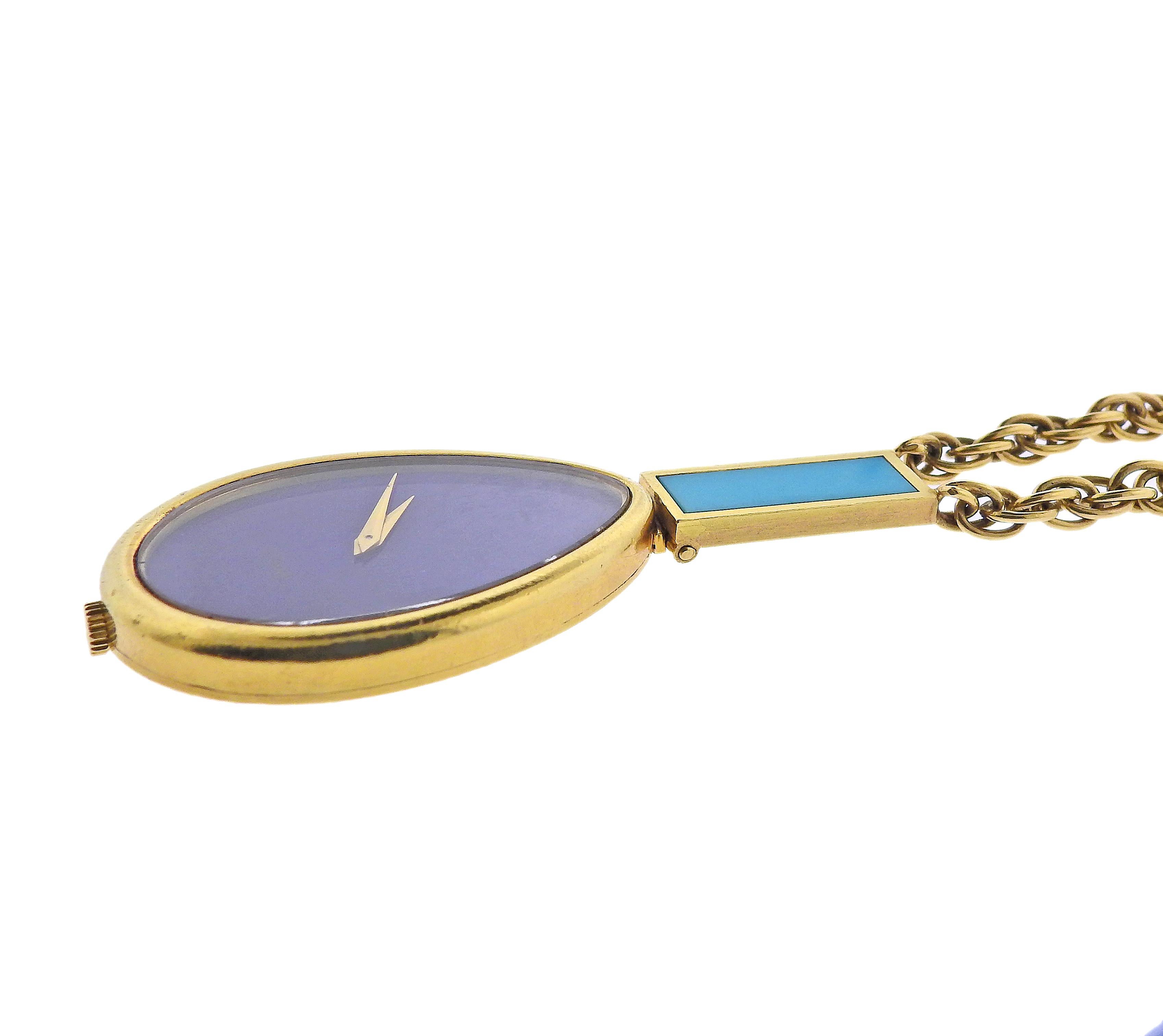 Square Cut Piaget Rare 1970s Lapis Dial Turquoise Gold Watch Pendant Necklace
