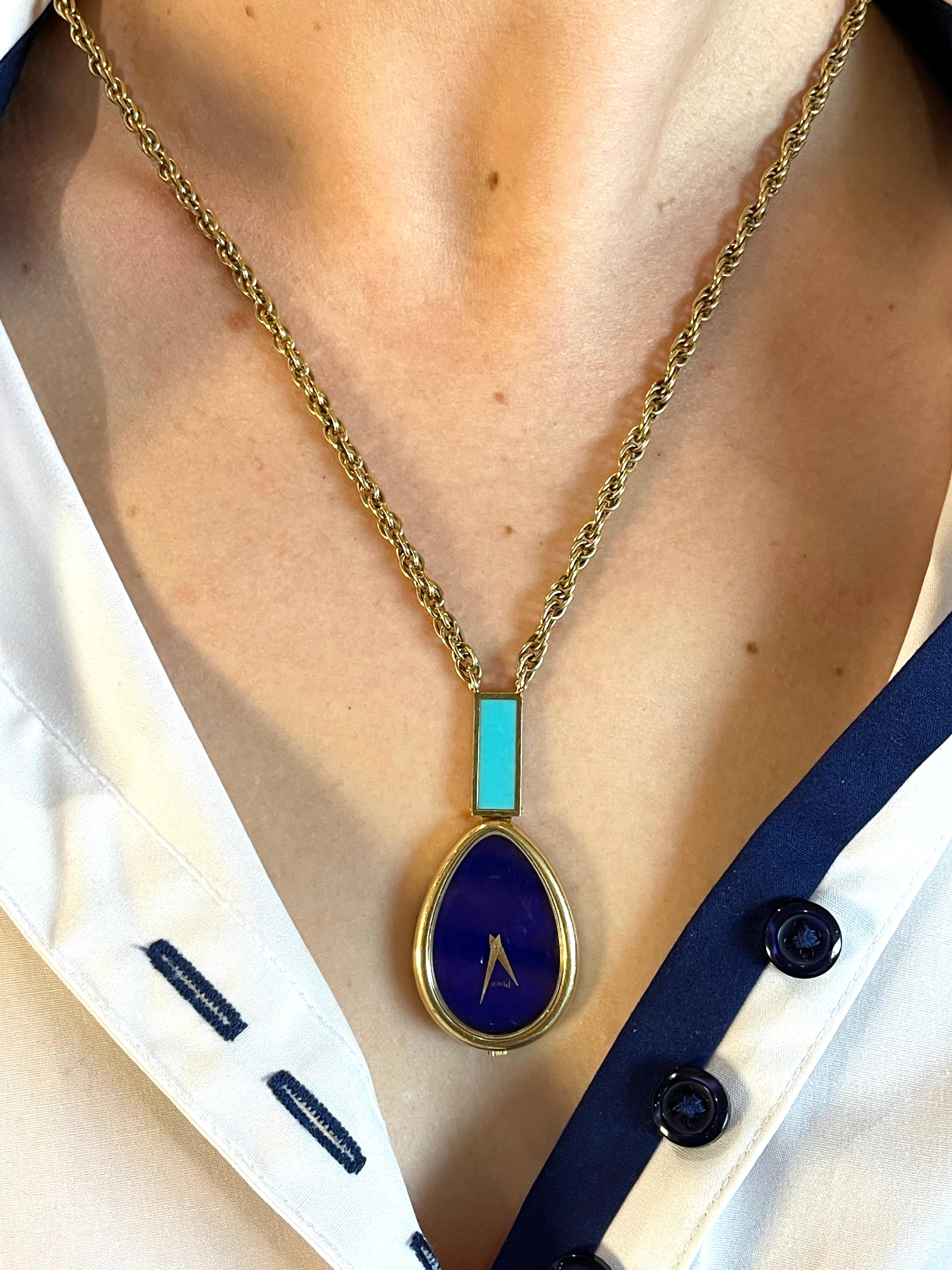 Piaget Rare 1970s Lapis Dial Turquoise Gold Watch Pendant Necklace 1