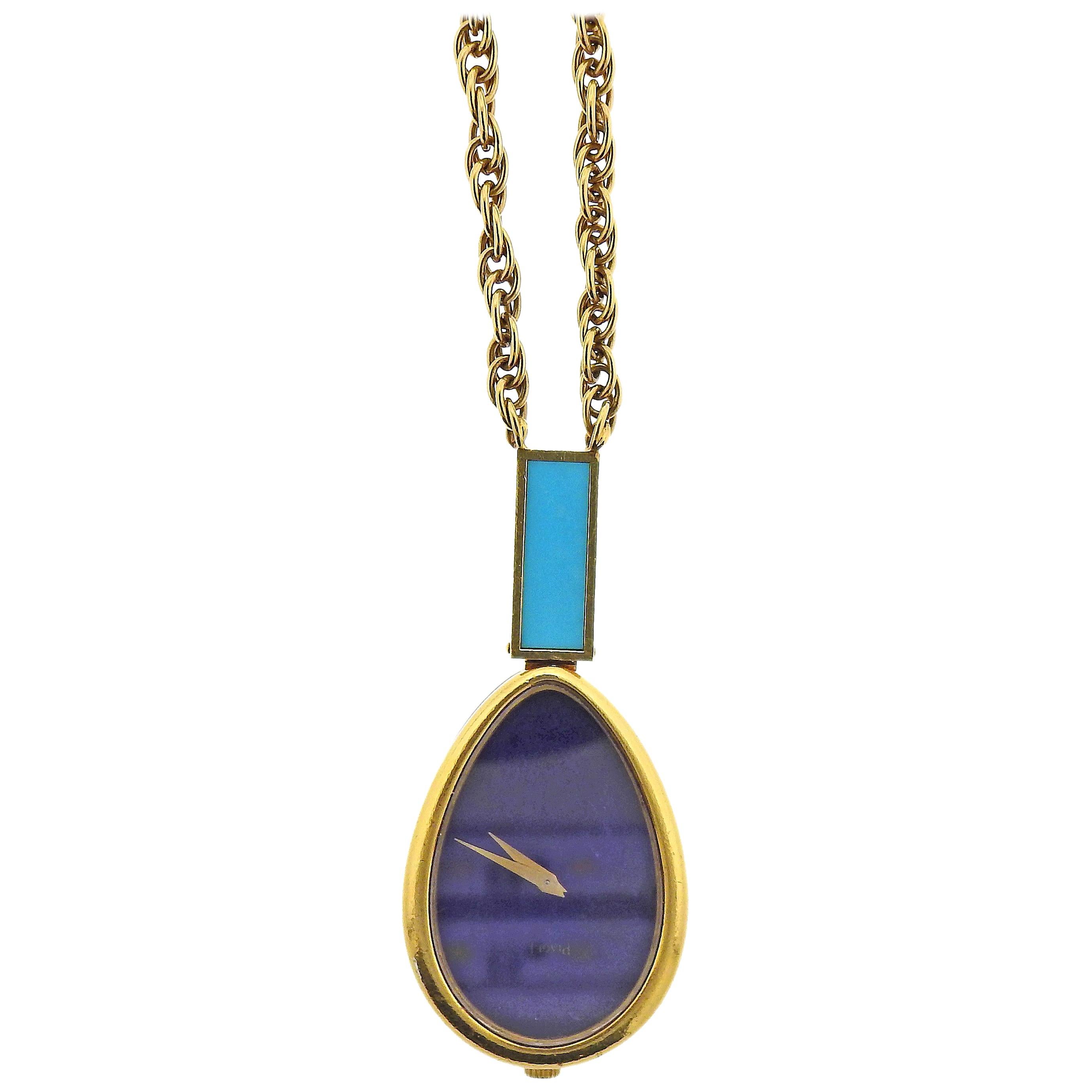 Piaget Rare 1970s Lapis Dial Turquoise Gold Watch Pendant Necklace