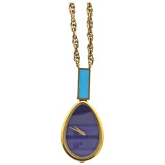 Piaget Rare 1970s Lapis Dial Turquoise Gold Watch Pendant Necklace