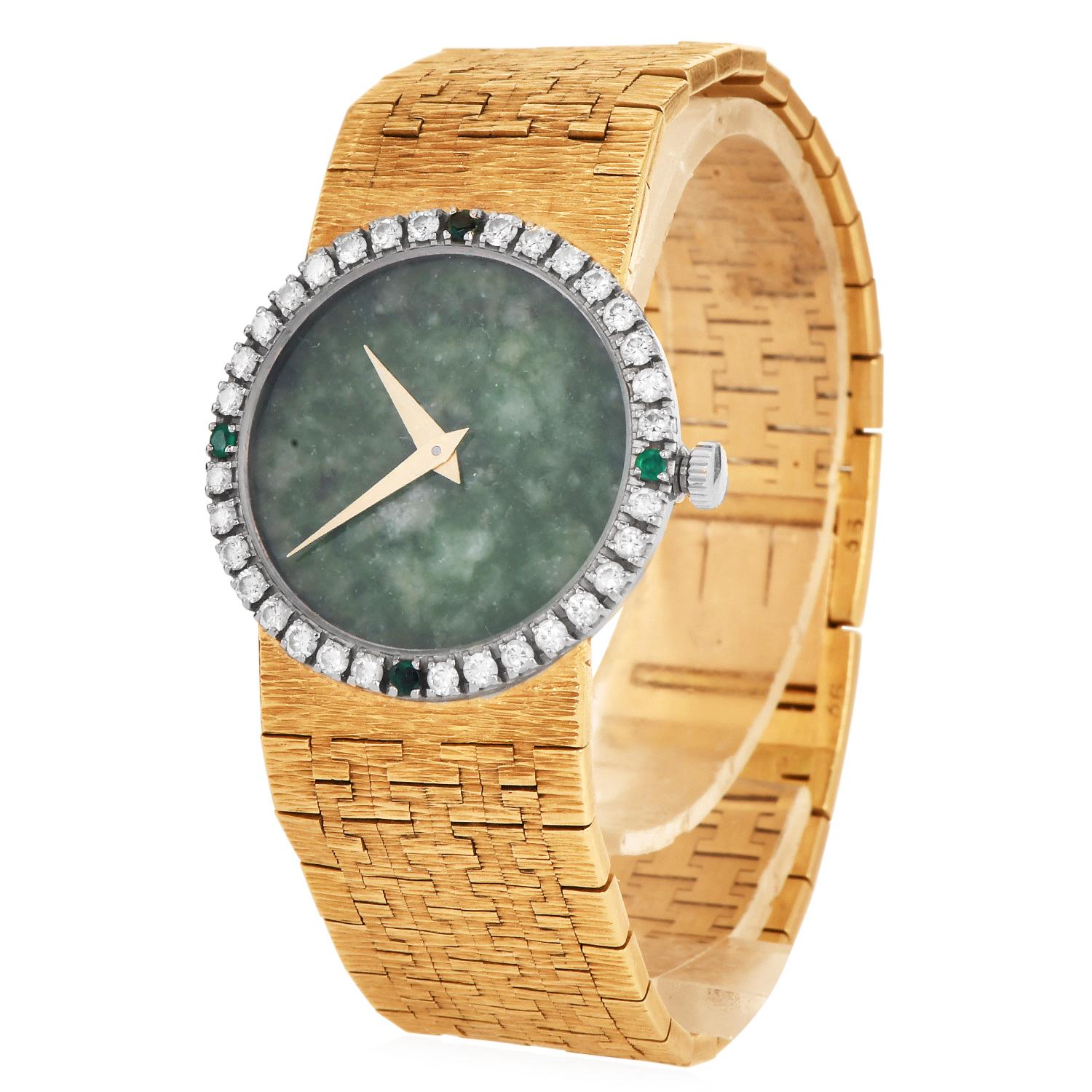 Retro Piaget Ref. 9706 A6 24mm Jade Dial Diamond Emerald 18K Bracelet Watch For Sale