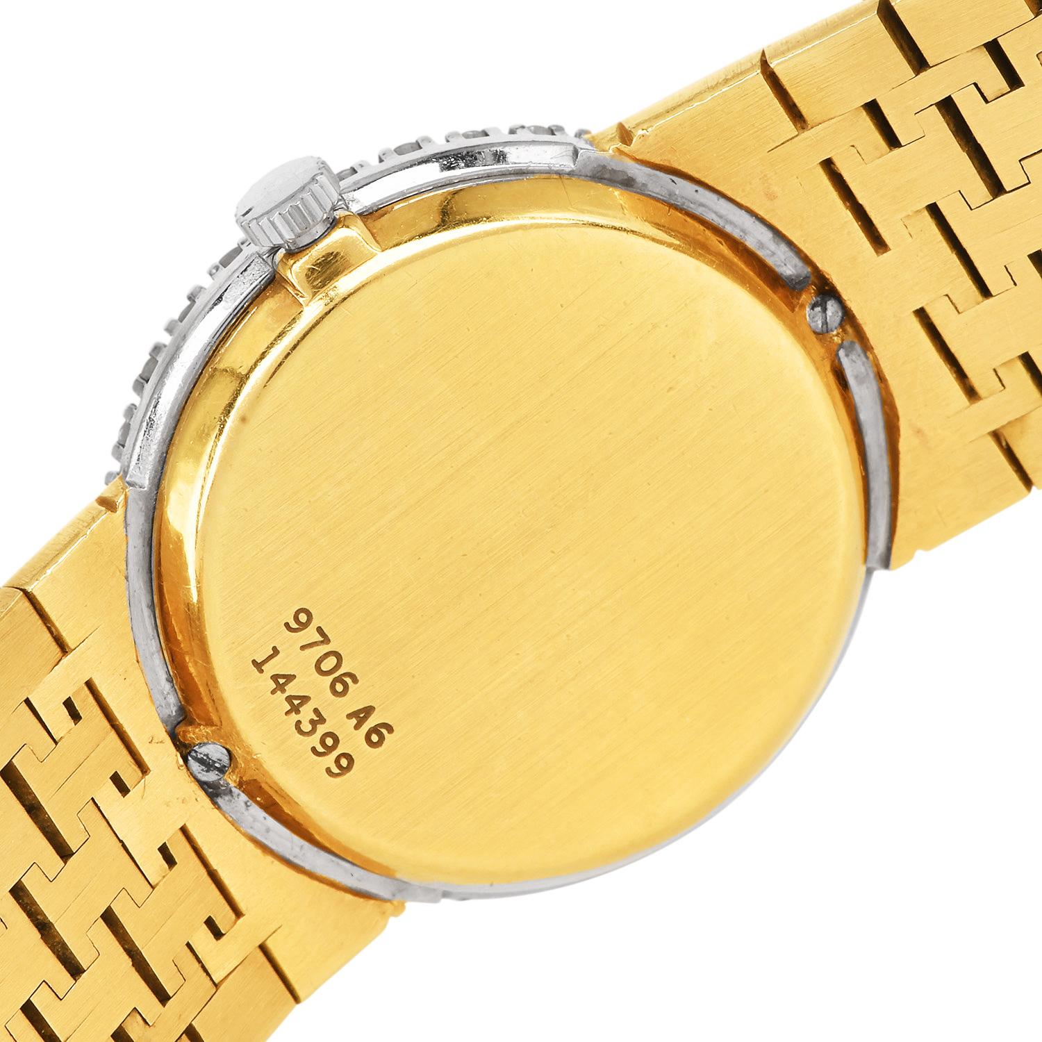 Round Cut Piaget Ref. 9706 A6 24mm Jade Dial Diamond Emerald 18K Bracelet Watch For Sale